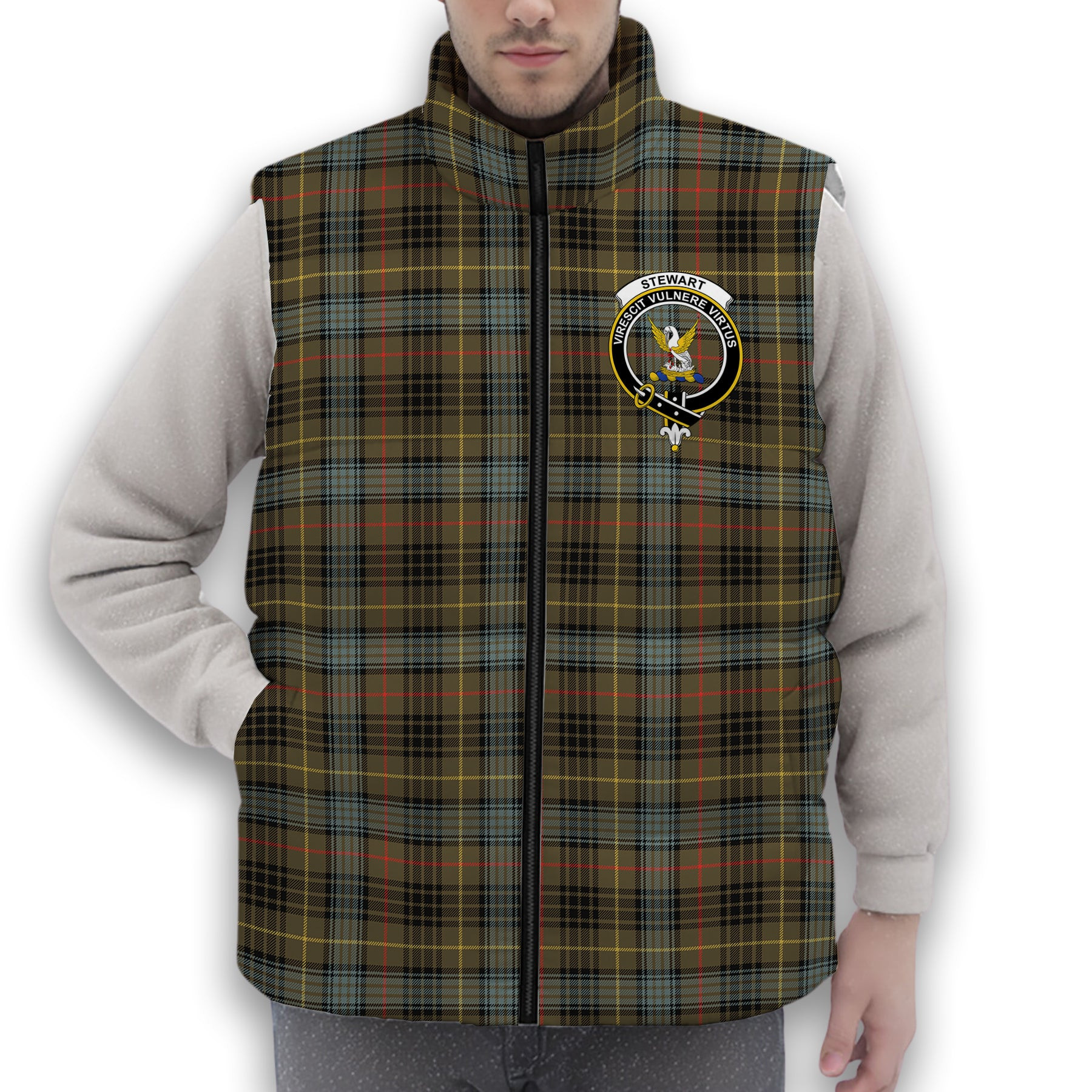 ScotsTee Shop Scottish Stewart Hunting Weathered Crest Tartan Puffer Vest Winter White Duck Down Vest Sleeveless