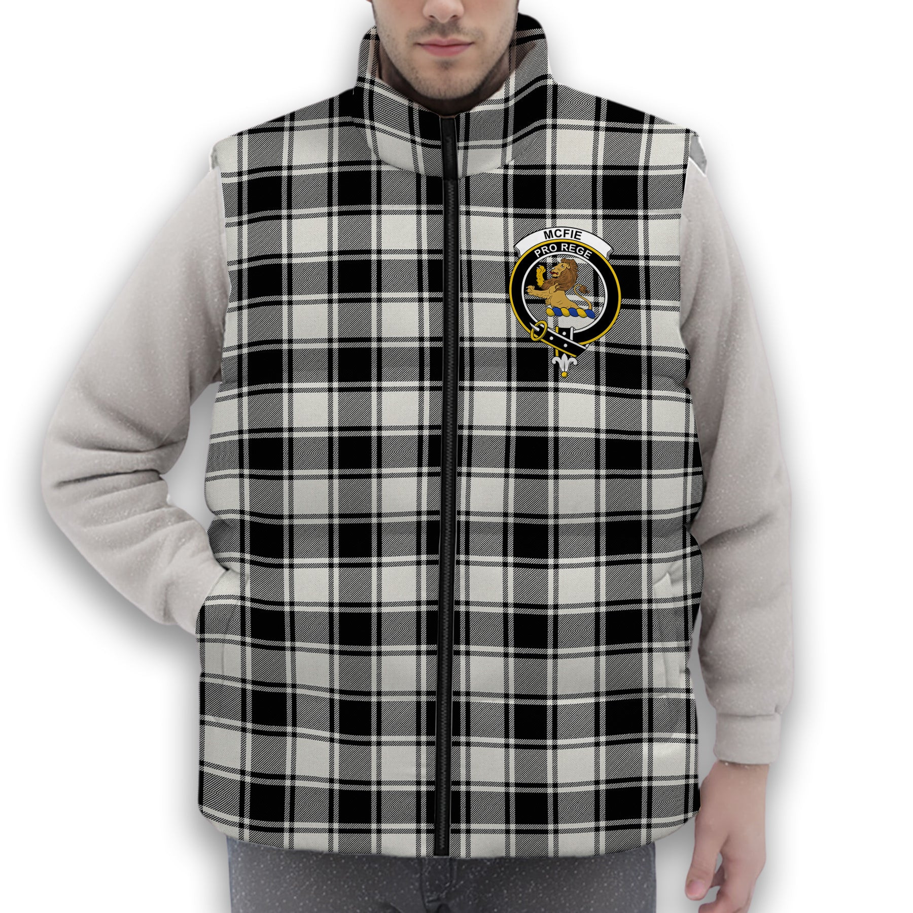 ScotsTee Shop Scottish McFie Black & White Ancient Crest Tartan Puffer Vest Winter White Duck Down Vest Sleeveless