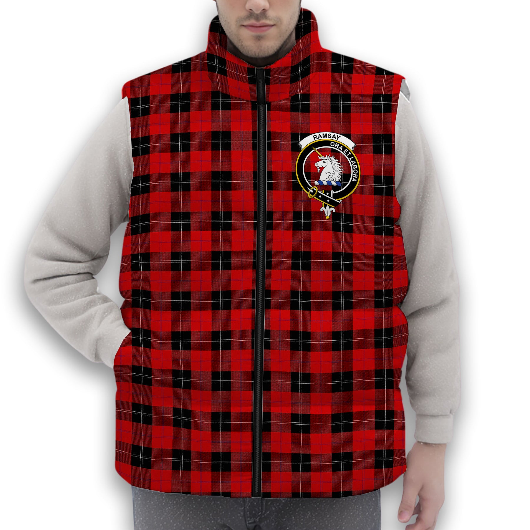 ScotsTee Shop Scottish Ramsay of Dalhousie (Ramsay Red) Modern Crest Tartan Puffer Vest Winter White Duck Down Vest Sleeveless