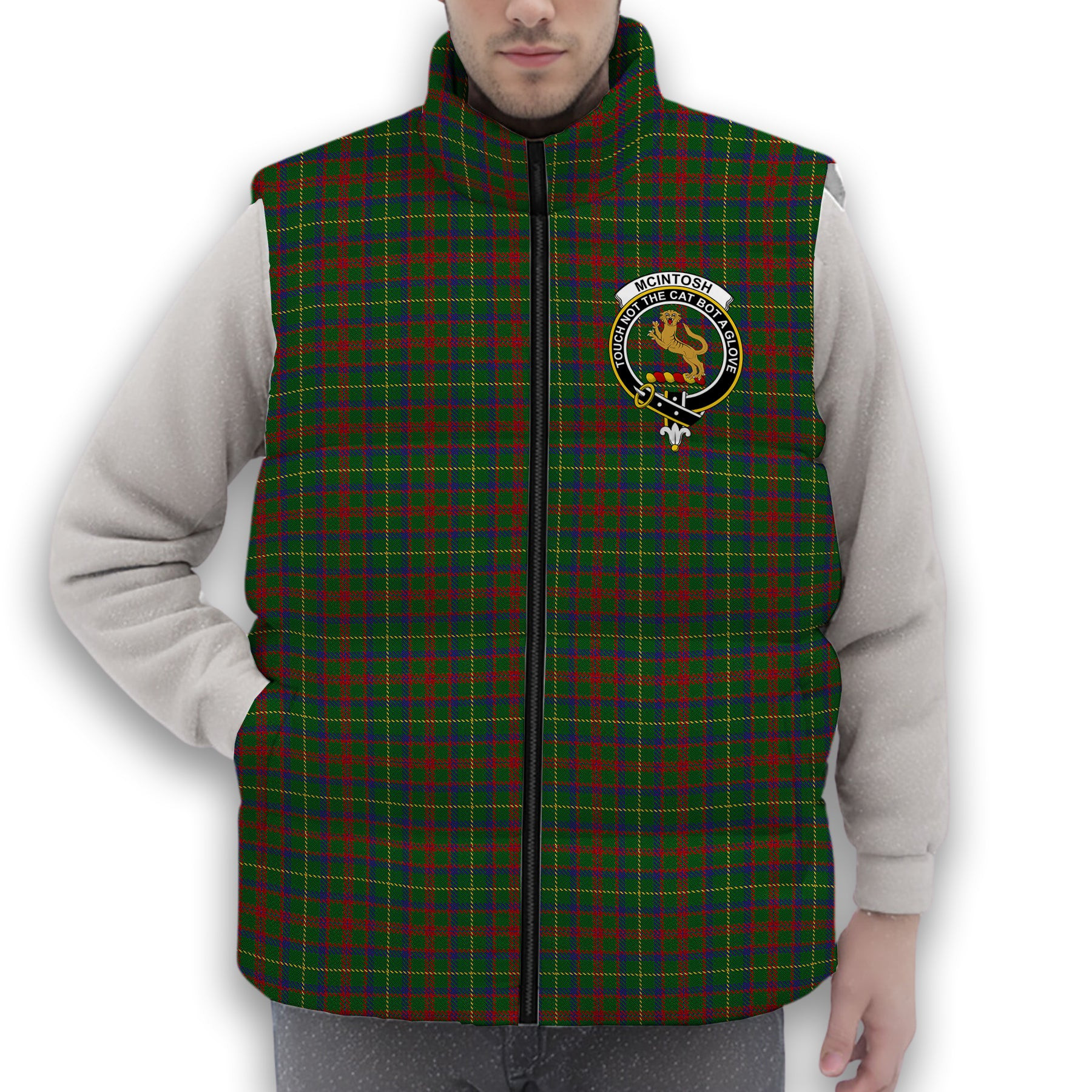 ScotsTee Shop Scottish McIntosh Hunting Crest Tartan Puffer Vest Winter White Duck Down Vest Sleeveless