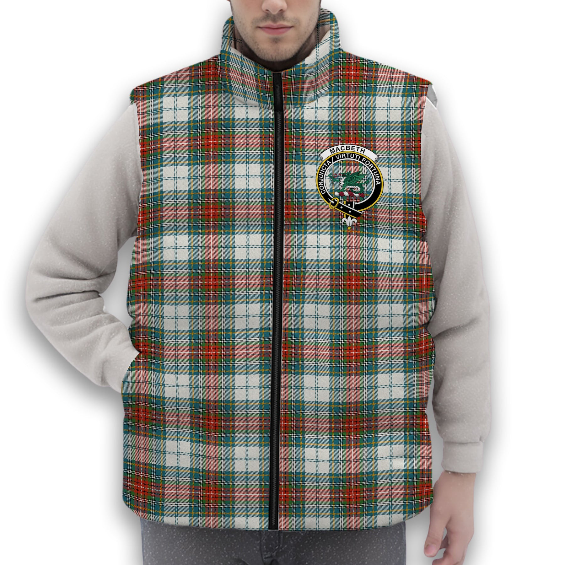 ScotsTee Shop Scottish MacBeth Dress  Ancient Crest Tartan Puffer Vest Winter White Duck Down Vest Sleeveless
