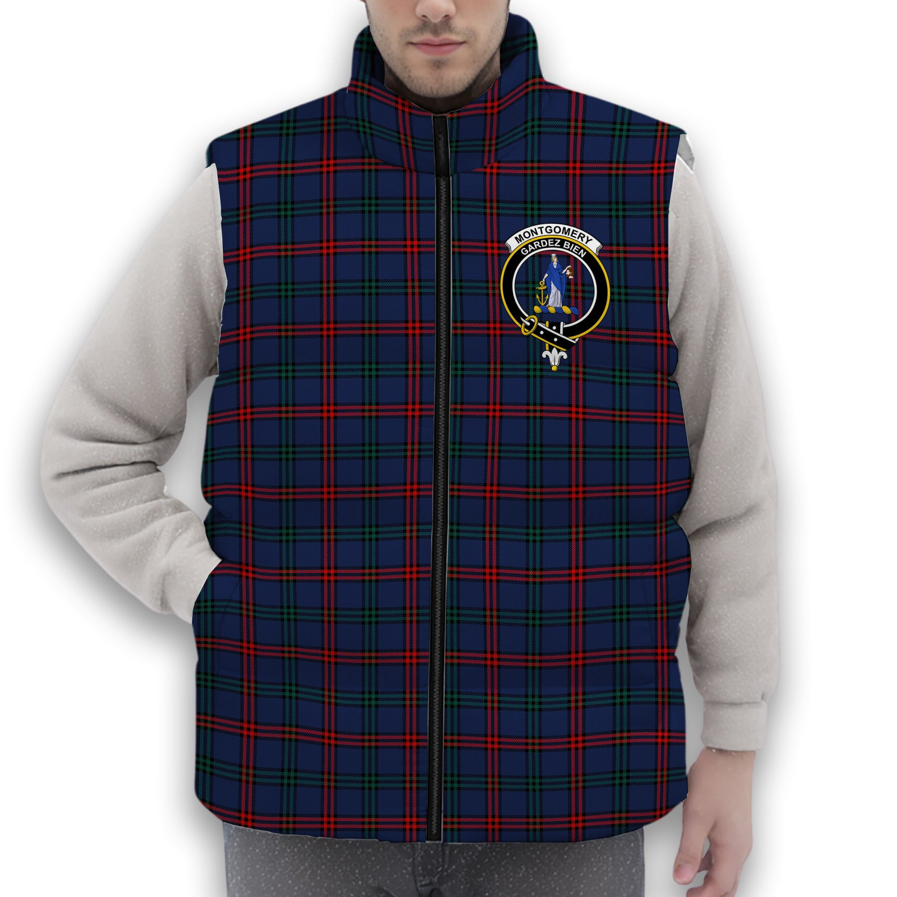 ScotsTee Shop Scottish Montgomery of Ayrshire Modern Crest Tartan Puffer Vest Winter White Duck Down Vest Sleeveless