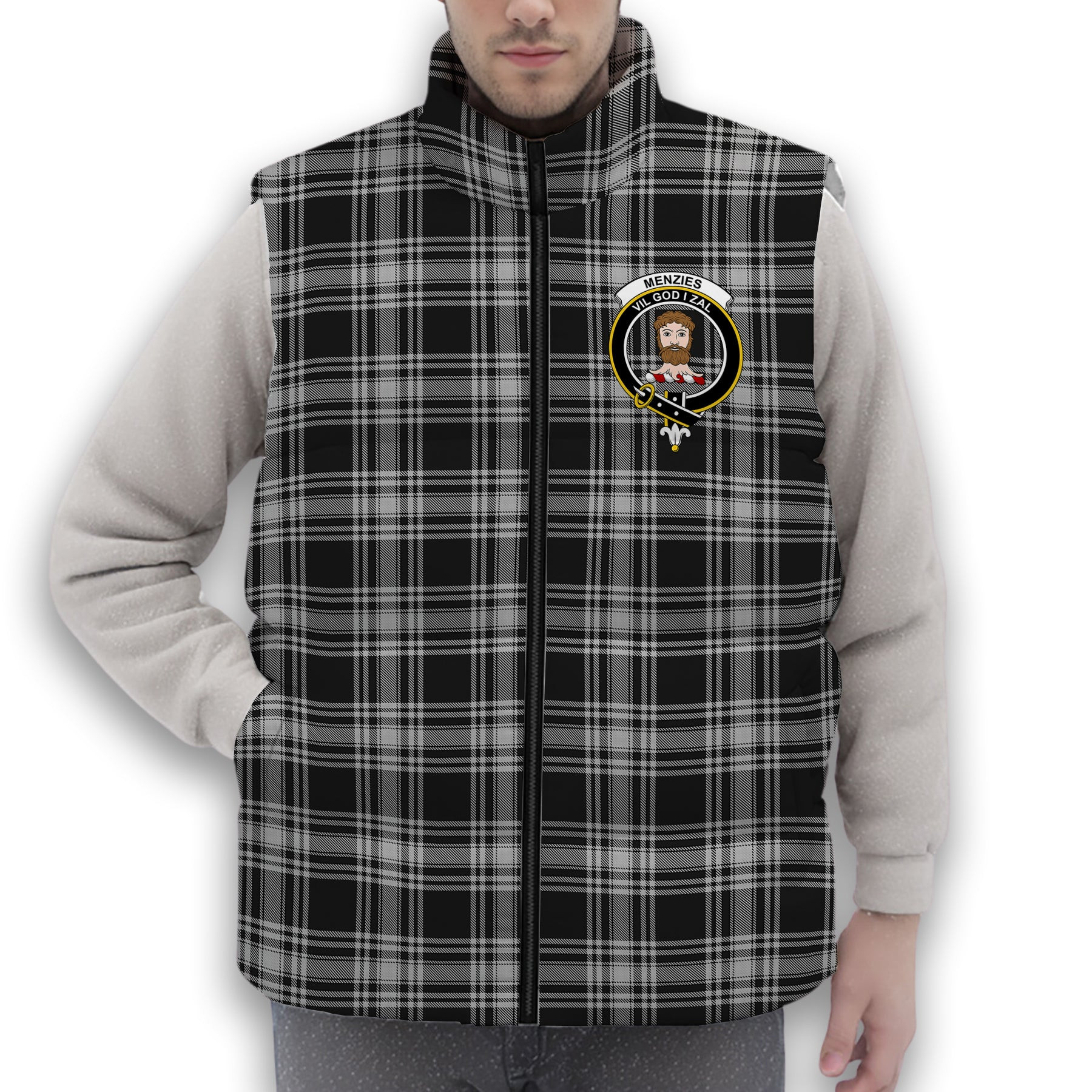 ScotsTee Shop Scottish Menzies Black and White Crest Tartan Puffer Vest Winter White Duck Down Vest Sleeveless