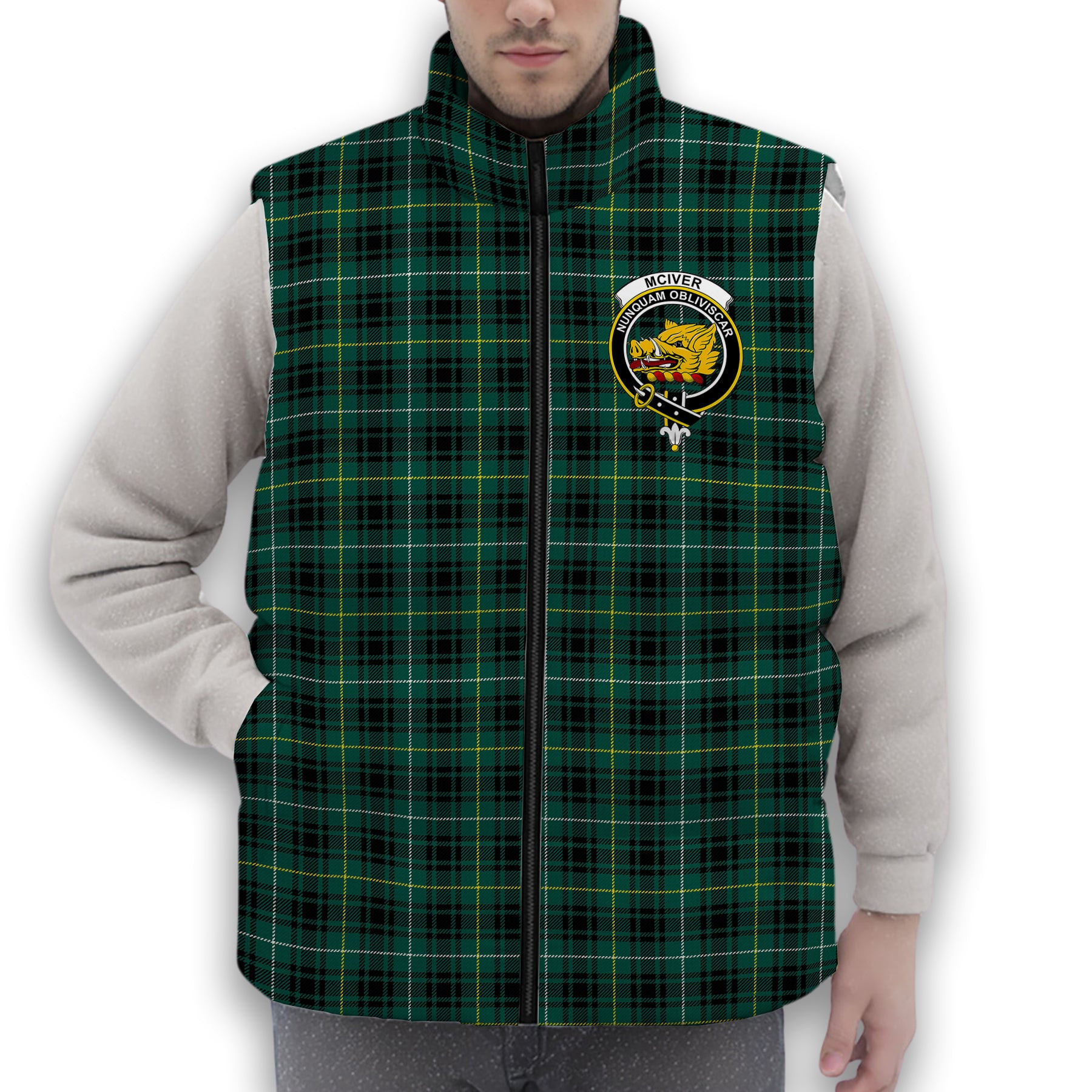 ScotsTee Shop Scottish McIver Hunting Modern Crest Tartan Puffer Vest Winter White Duck Down Vest Sleeveless