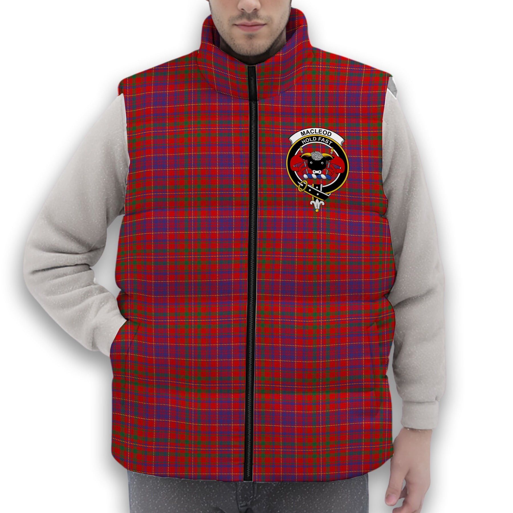 ScotsTee Shop Scottish MacLeod Red Modern Crest Tartan Puffer Vest Winter White Duck Down Vest Sleeveless