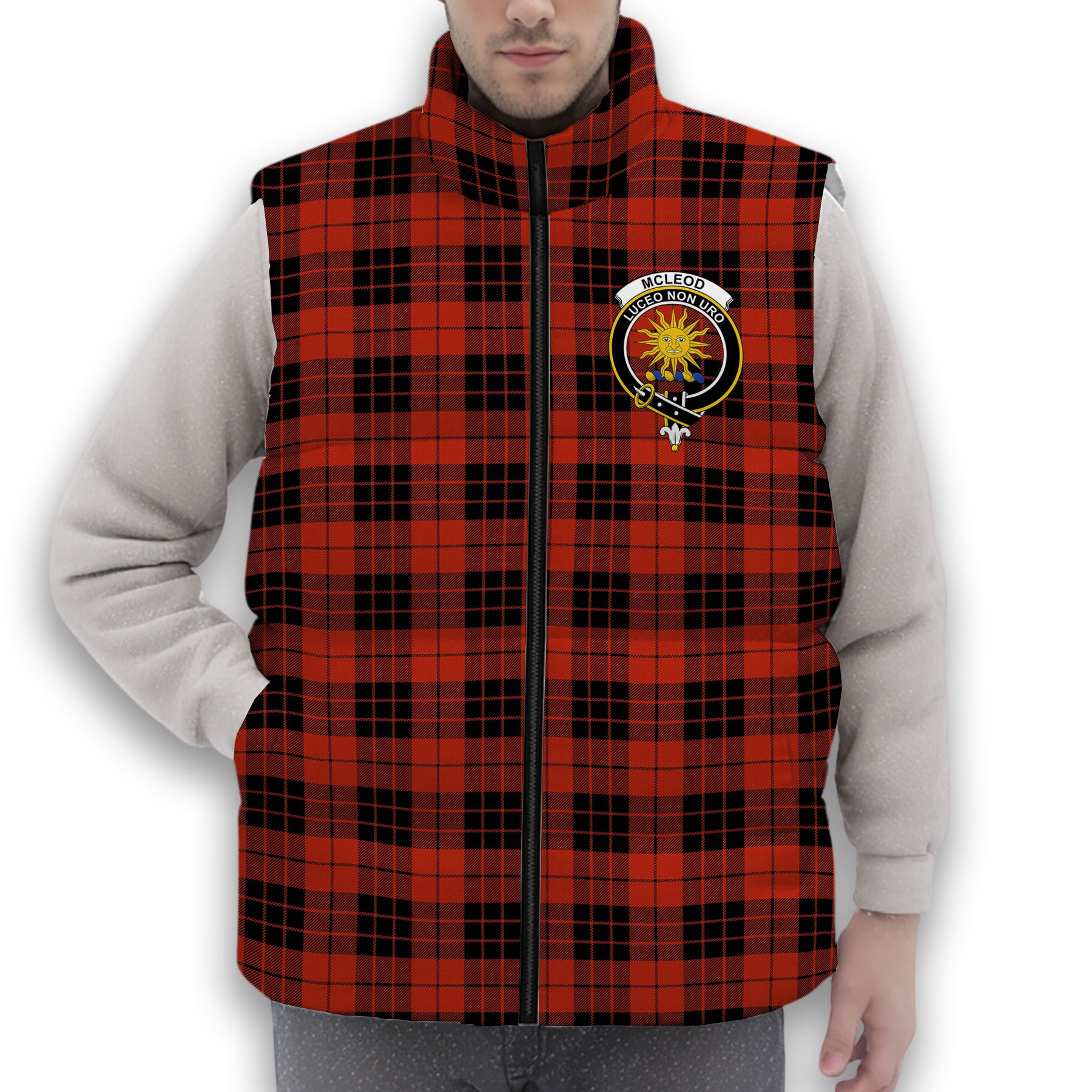 ScotsTee Shop Scottish McLeod of Raasay Ancient Crest Tartan Puffer Vest Winter White Duck Down Vest Sleeveless