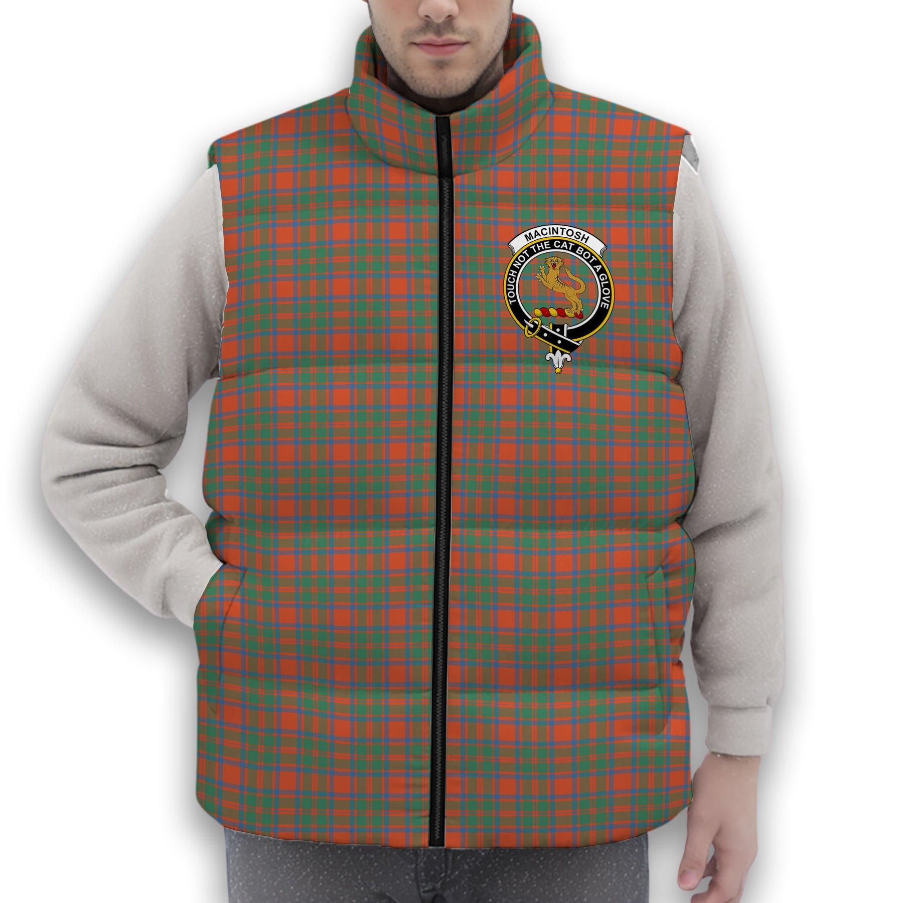 ScotsTee Shop Scottish MacIntosh Ancient Crest Tartan Puffer Vest Winter White Duck Down Vest Sleeveless