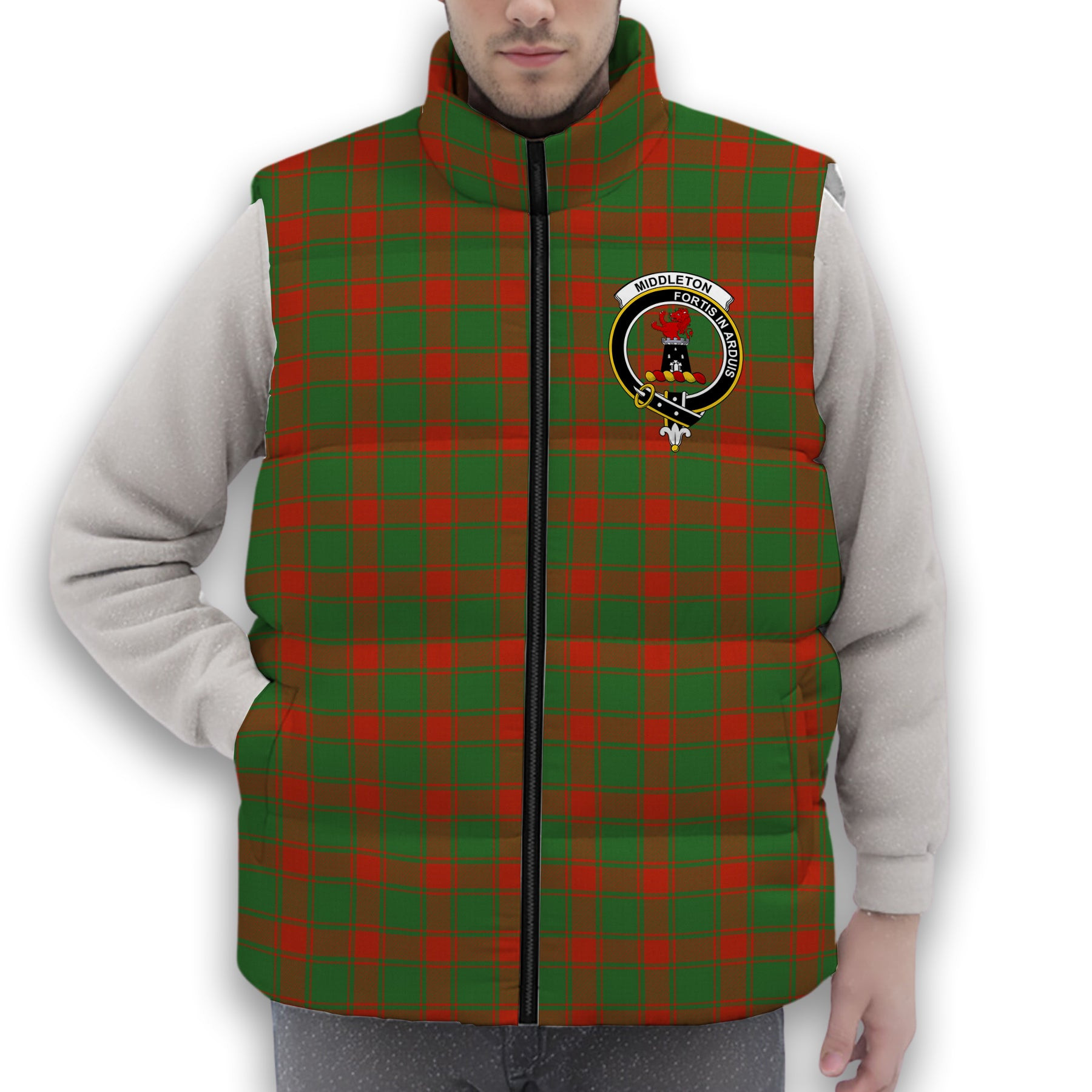 ScotsTee Shop Scottish Middleton Ancient Crest Tartan Puffer Vest Winter White Duck Down Vest Sleeveless