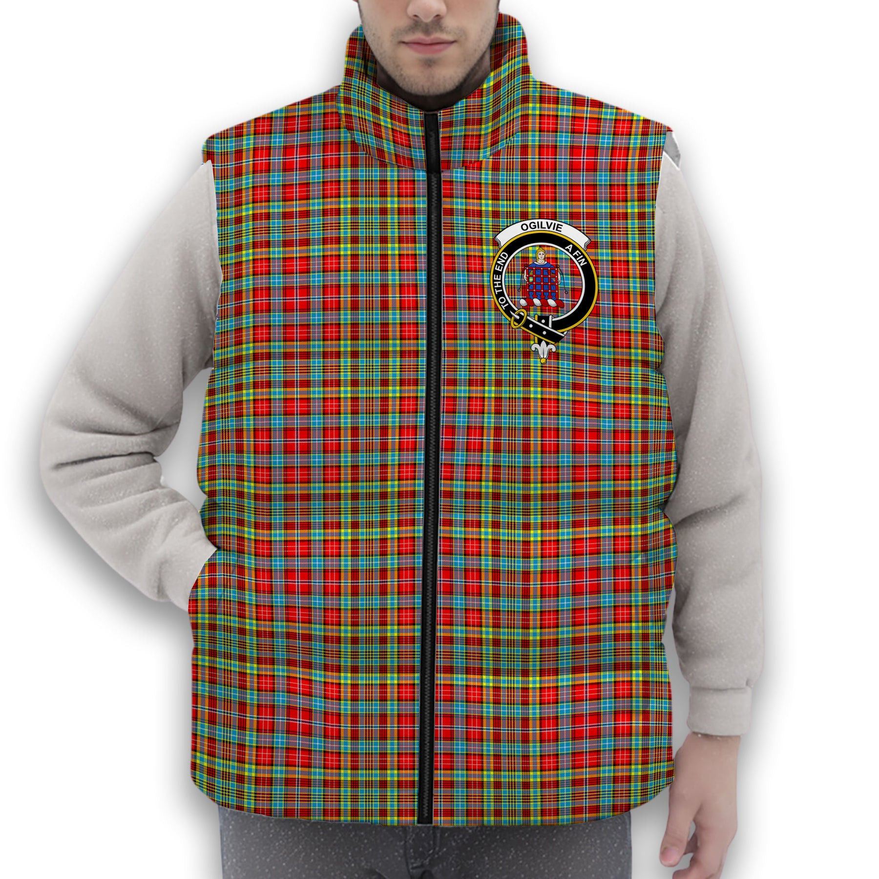 ScotsTee Shop Scottish Ogilvie Crest Tartan Puffer Vest Winter White Duck Down Vest Sleeveless