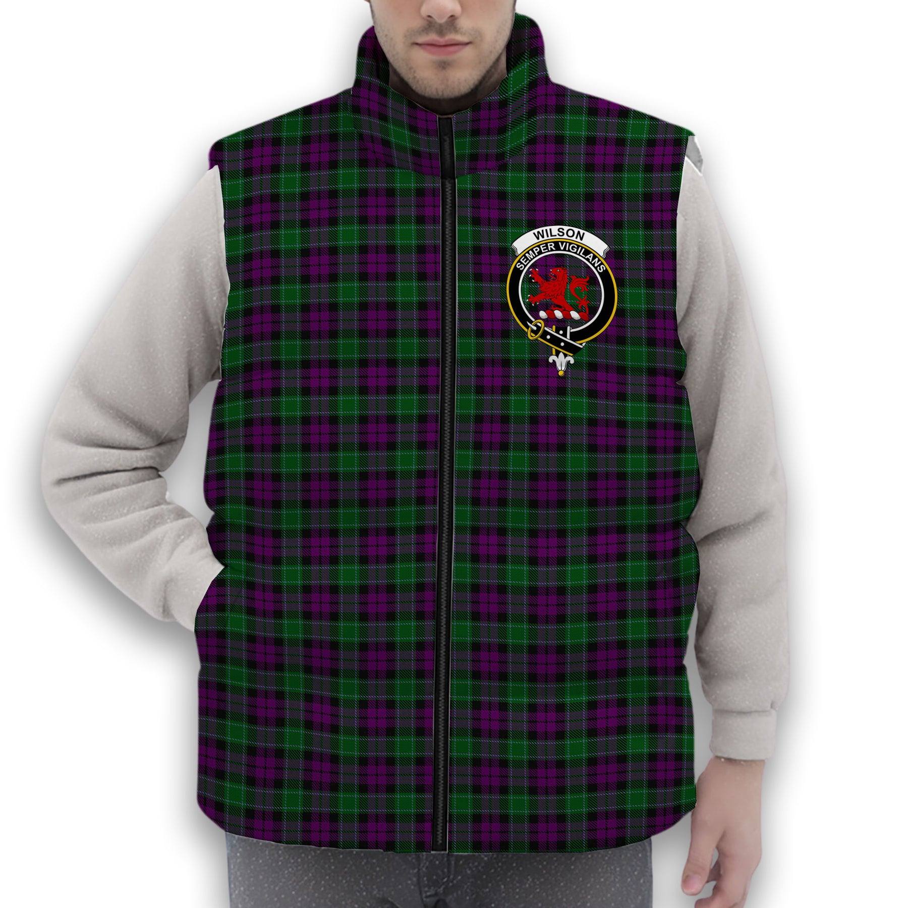 ScotsTee Shop Scottish Wilsons 150 Crest Tartan Puffer Vest Winter White Duck Down Vest Sleeveless