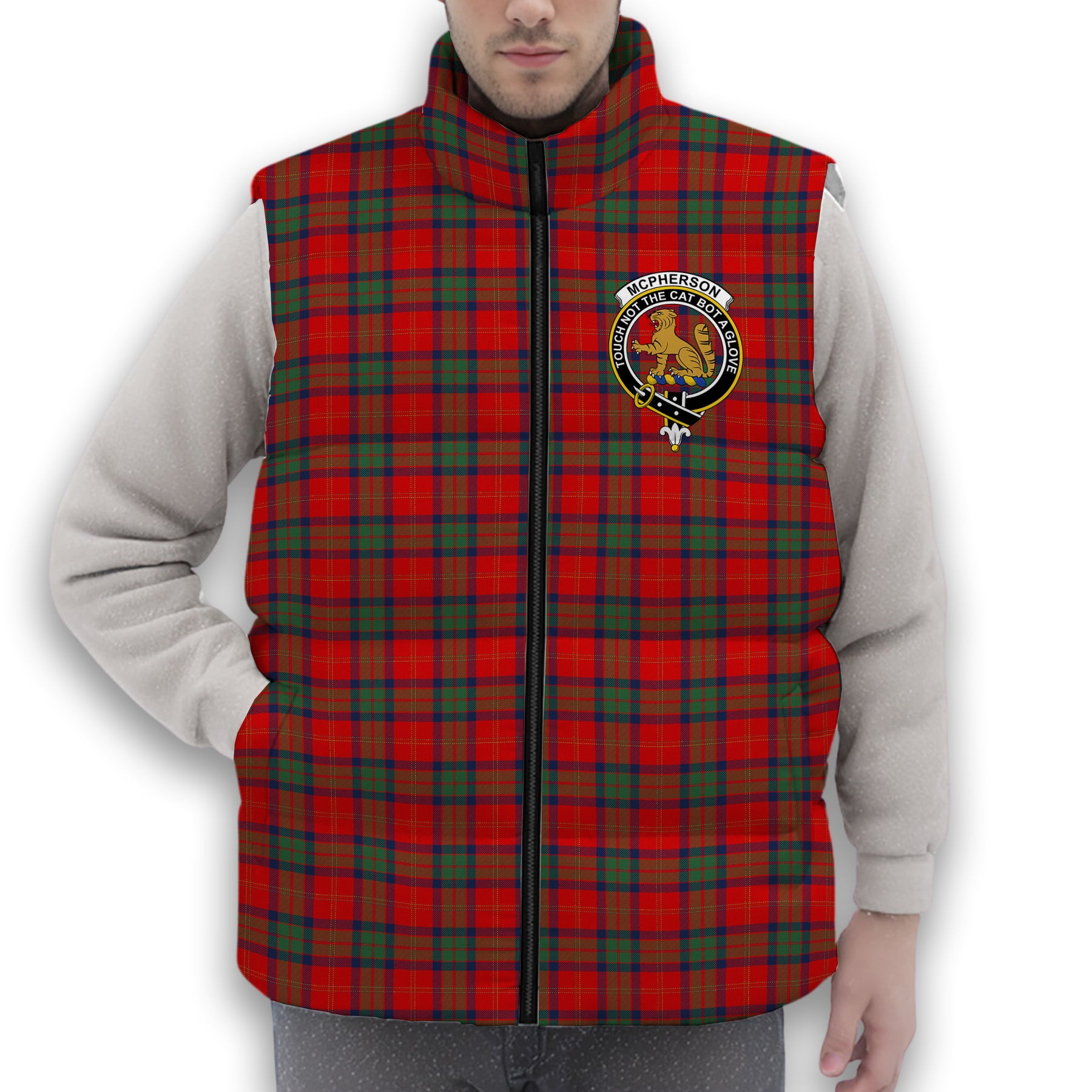 ScotsTee Shop Scottish McPherson of Cluny Modern Crest Tartan Puffer Vest Winter White Duck Down Vest Sleeveless