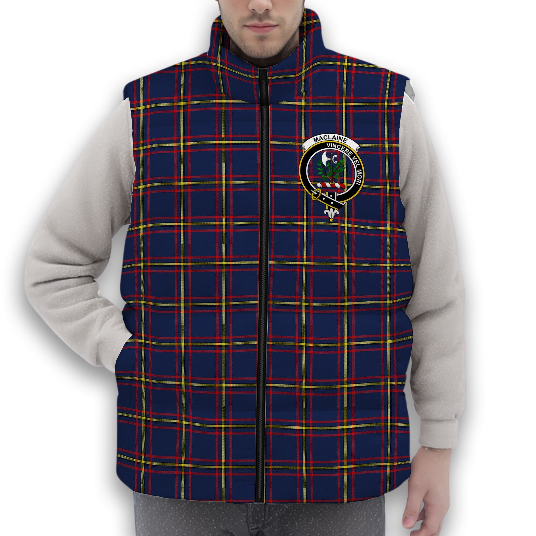 ScotsTee Shop Scottish MacLaine of Lochbuie Hunting Modern Crest Tartan Puffer Vest Winter White Duck Down Vest Sleeveless