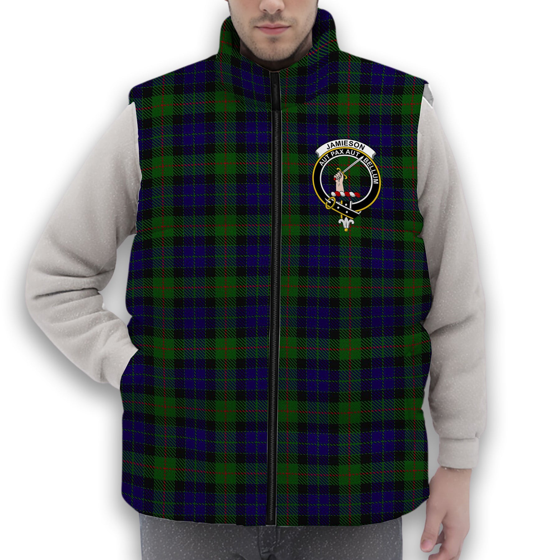 ScotsTee Shop Scottish Jamieson Crest Tartan Puffer Vest Winter White Duck Down Vest Sleeveless