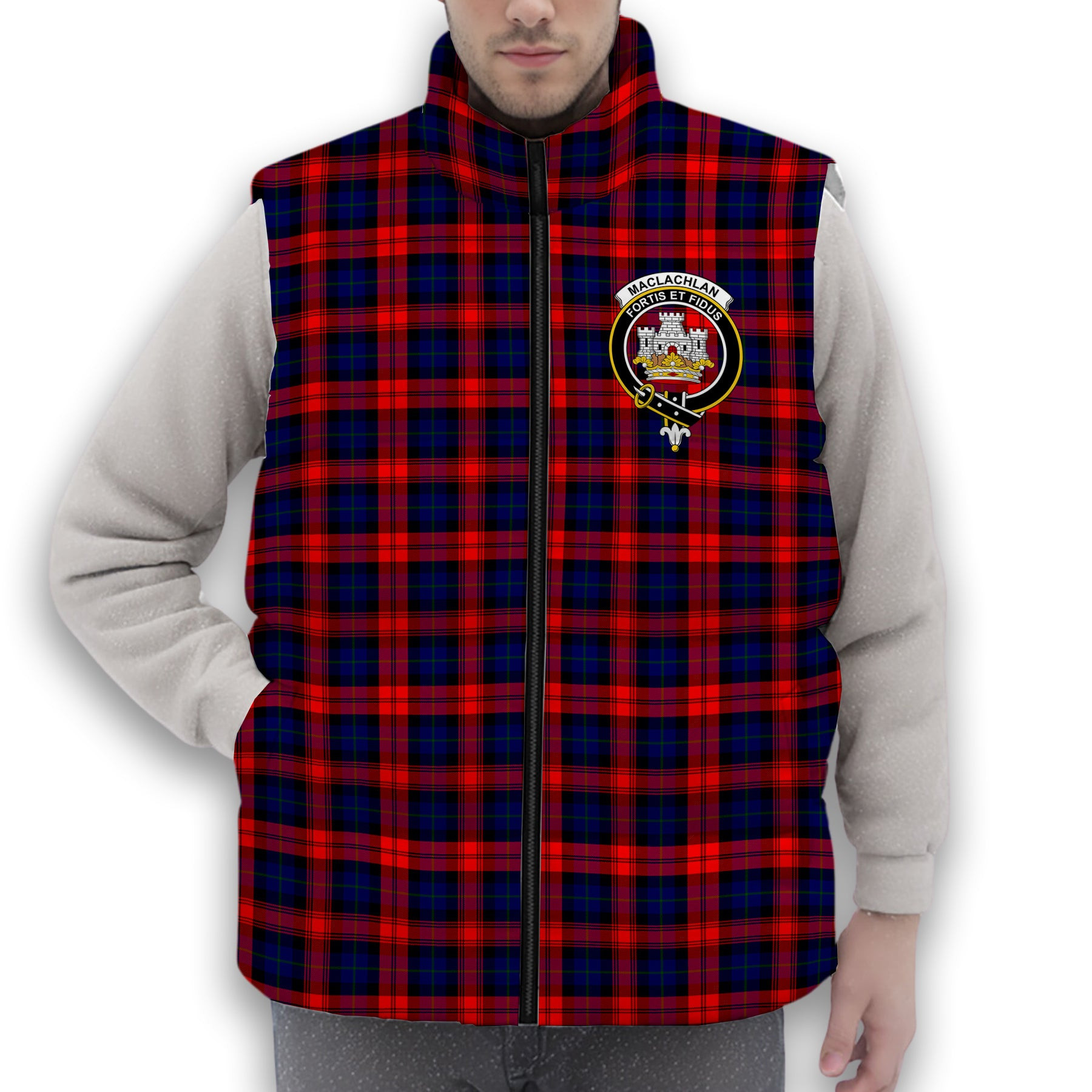 ScotsTee Shop Scottish MacLachlan Modern SC Crest Tartan Puffer Vest Winter White Duck Down Vest Sleeveless