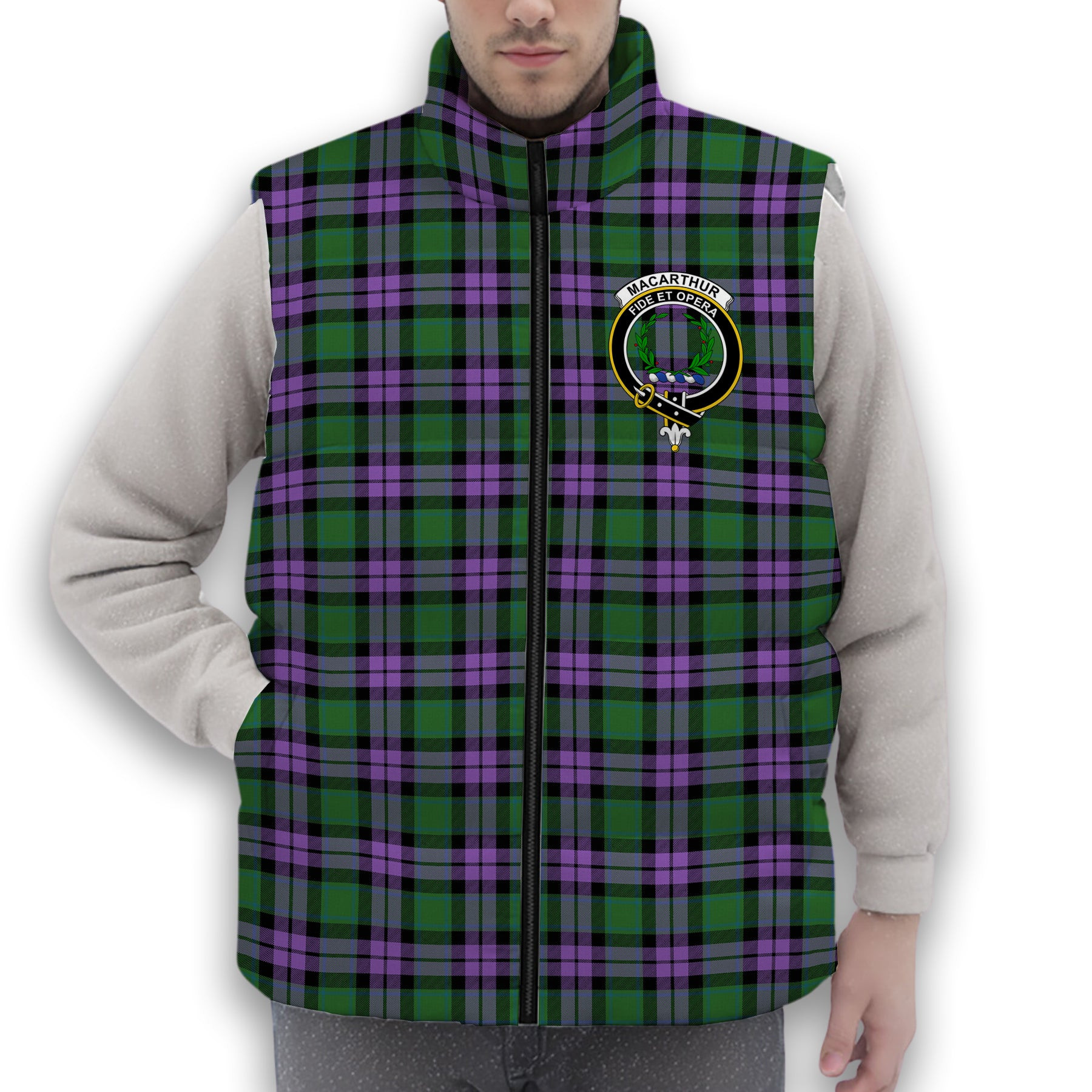 ScotsTee Shop Scottish MacArthur of Milton Ancient Crest Tartan Puffer Vest Winter White Duck Down Vest Sleeveless
