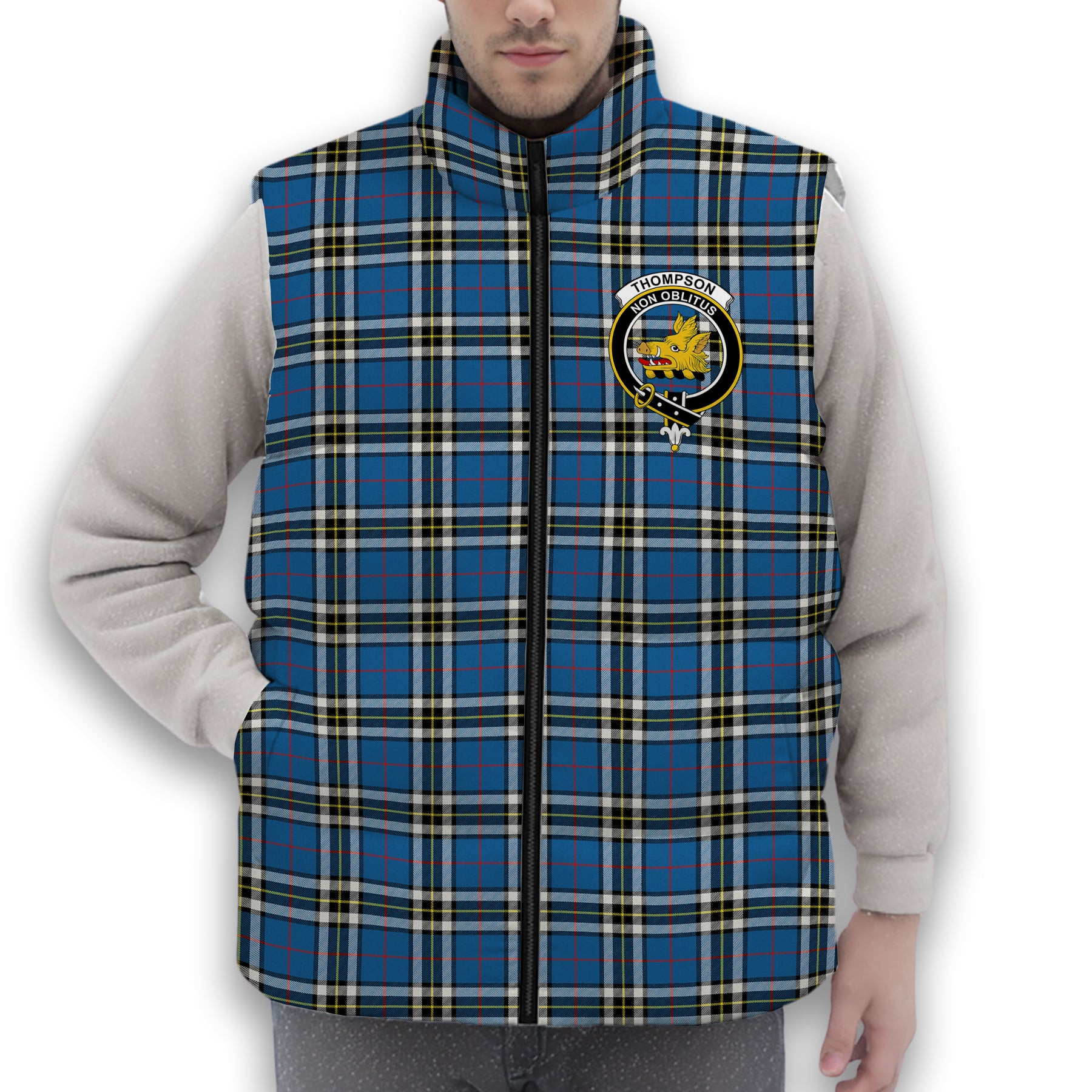 ScotsTee Shop Scottish Thompson Dress Blue Modern Crest Tartan Puffer Vest Winter White Duck Down Vest Sleeveless