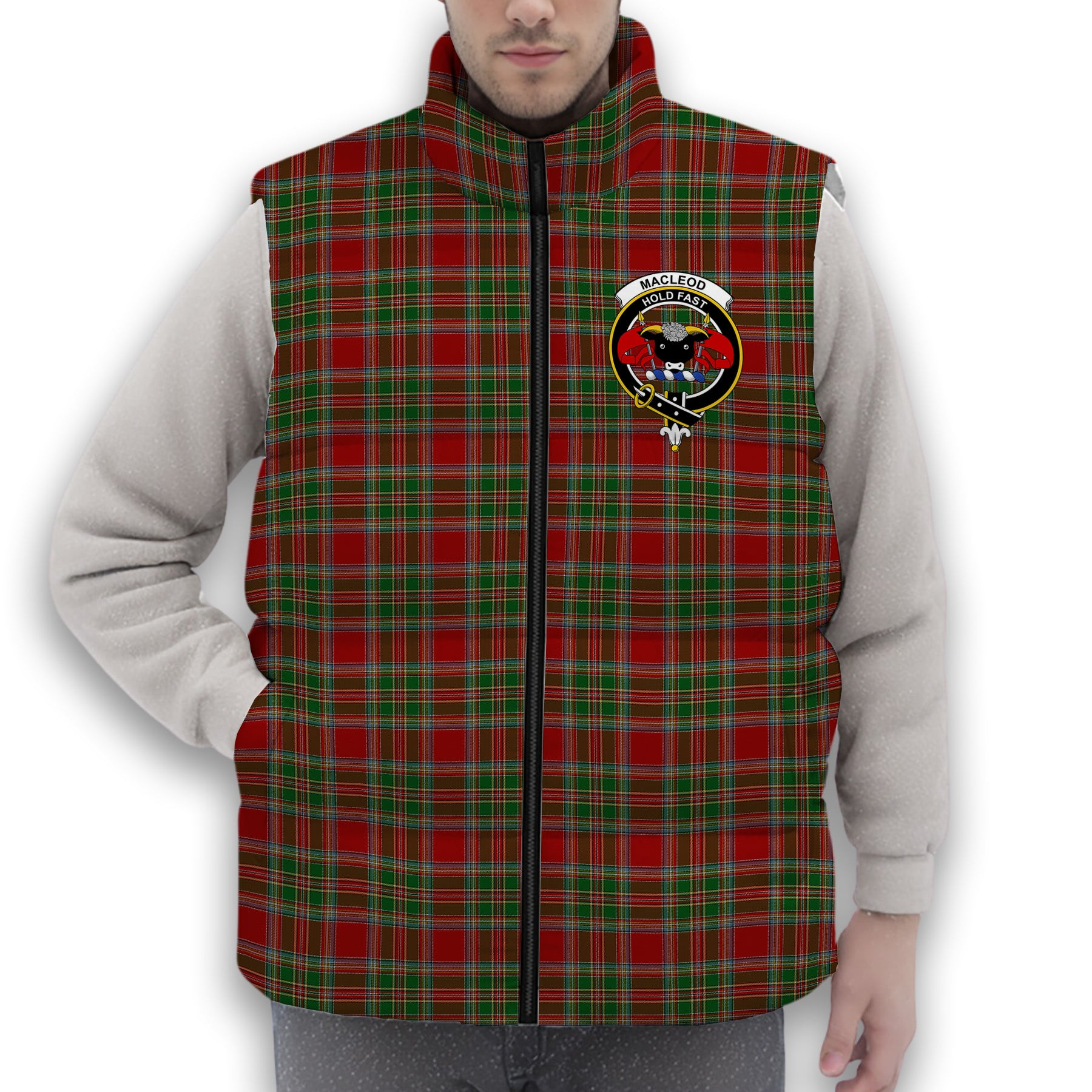 ScotsTee Shop Scottish MacLeod of Gesto 1 Crest Tartan Puffer Vest Winter White Duck Down Vest Sleeveless