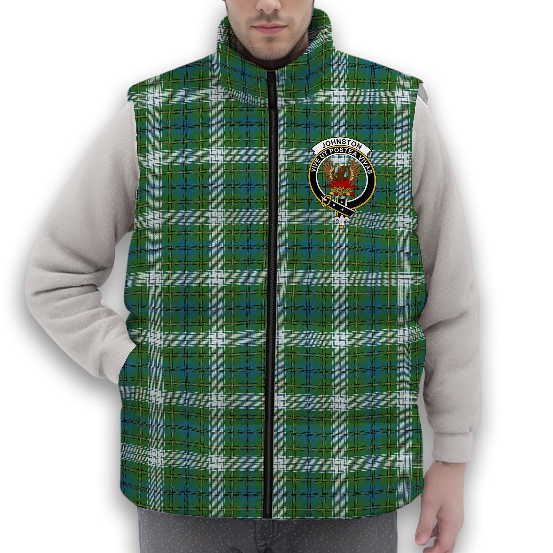 ScotsTee Shop Scottish Johnston Dress Ancient Crest Tartan Puffer Vest Winter White Duck Down Vest Sleeveless