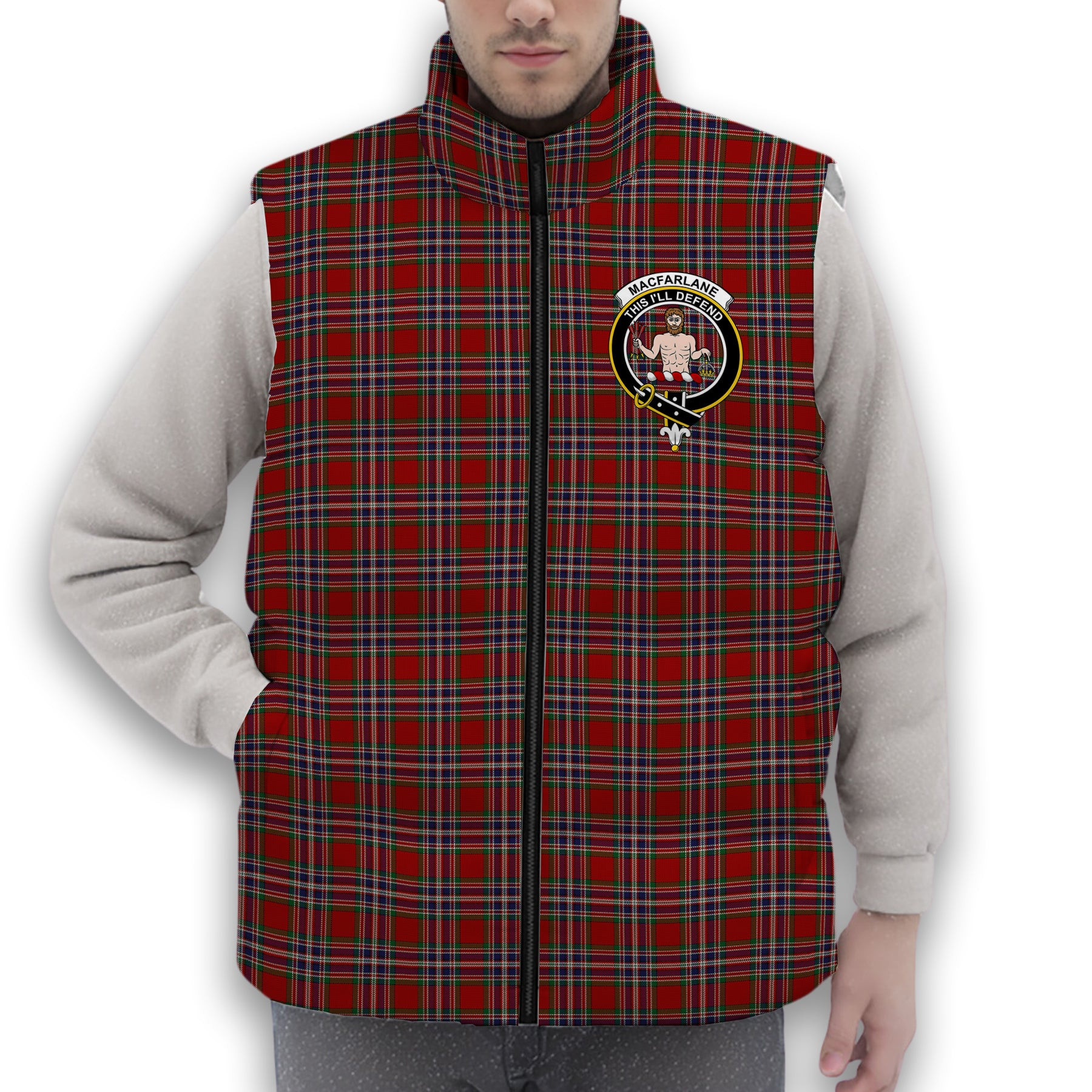ScotsTee Shop Scottish MacFarlane Red Crest Tartan Puffer Vest Winter White Duck Down Vest Sleeveless