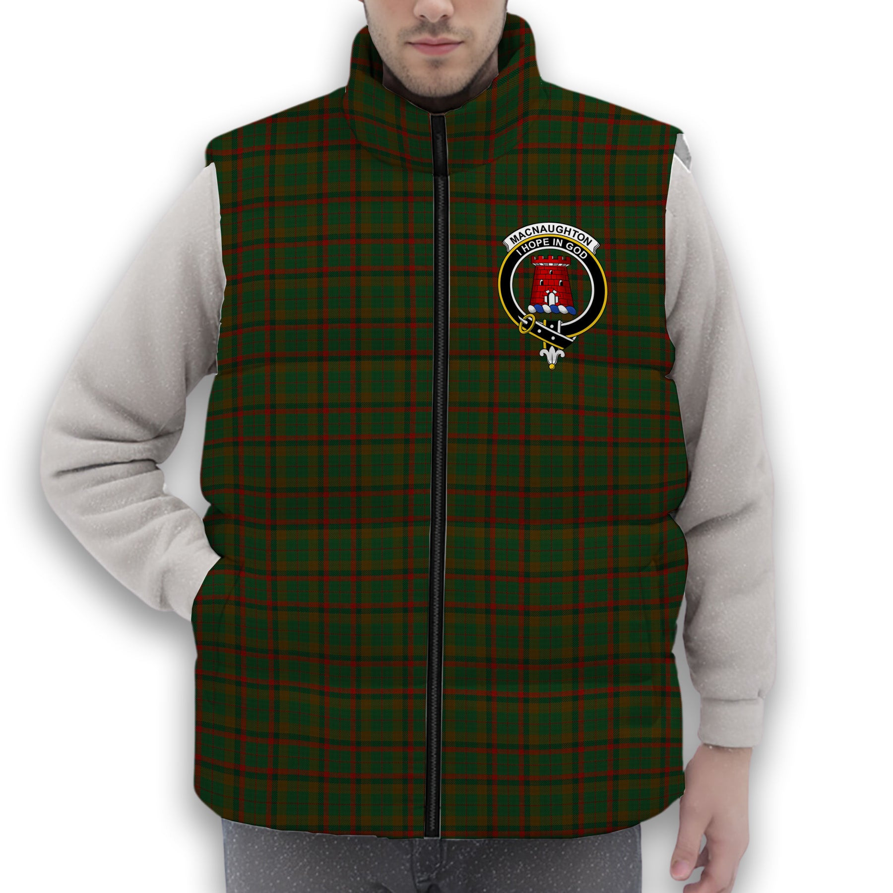 ScotsTee Shop Scottish Macnaughton Hunting Crest Tartan Puffer Vest Winter White Duck Down Vest Sleeveless