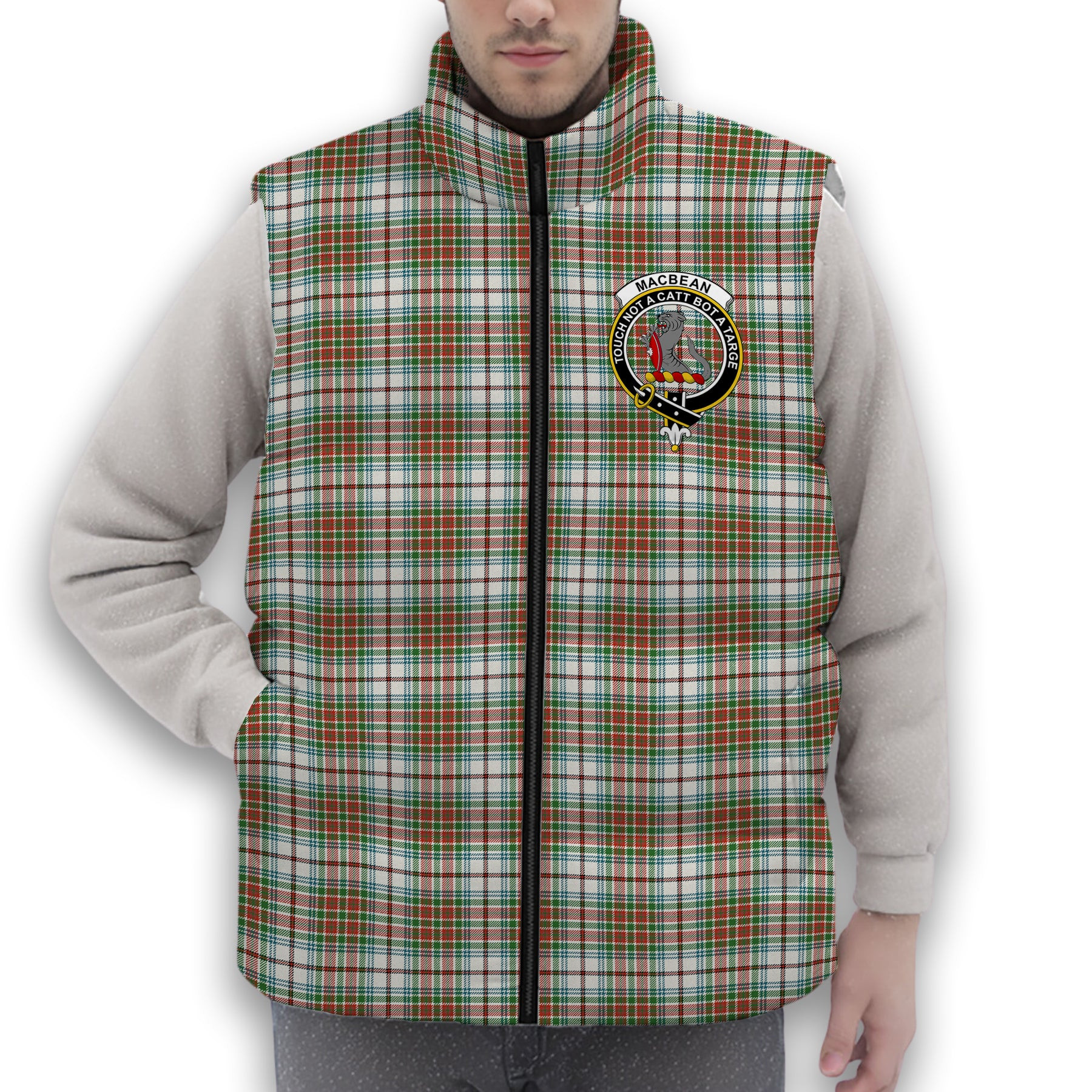 ScotsTee Shop Scottish MacBean Dress Ancient Crest Tartan Puffer Vest Winter White Duck Down Vest Sleeveless