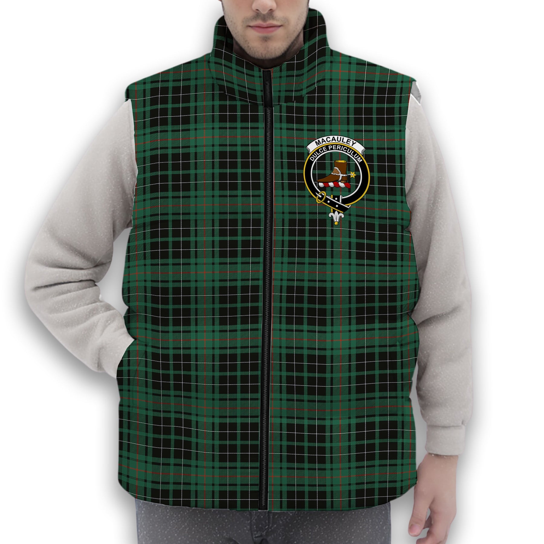 ScotsTee Shop Scottish MacAuley Hunting Ancient Crest Tartan Puffer Vest Winter White Duck Down Vest Sleeveless
