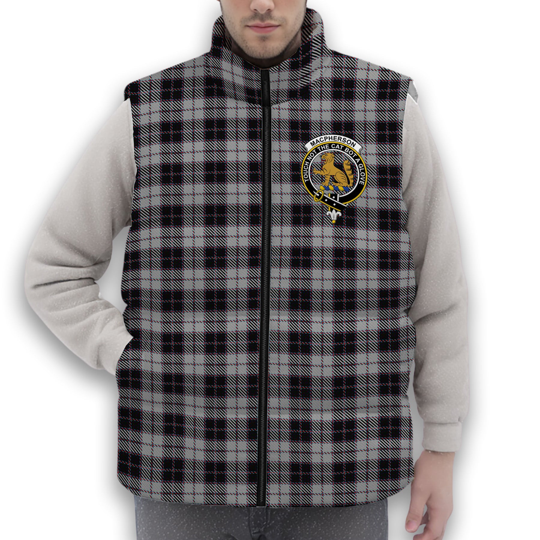ScotsTee Shop Scottish MacPherson 4 Crest Tartan Puffer Vest Winter White Duck Down Vest Sleeveless