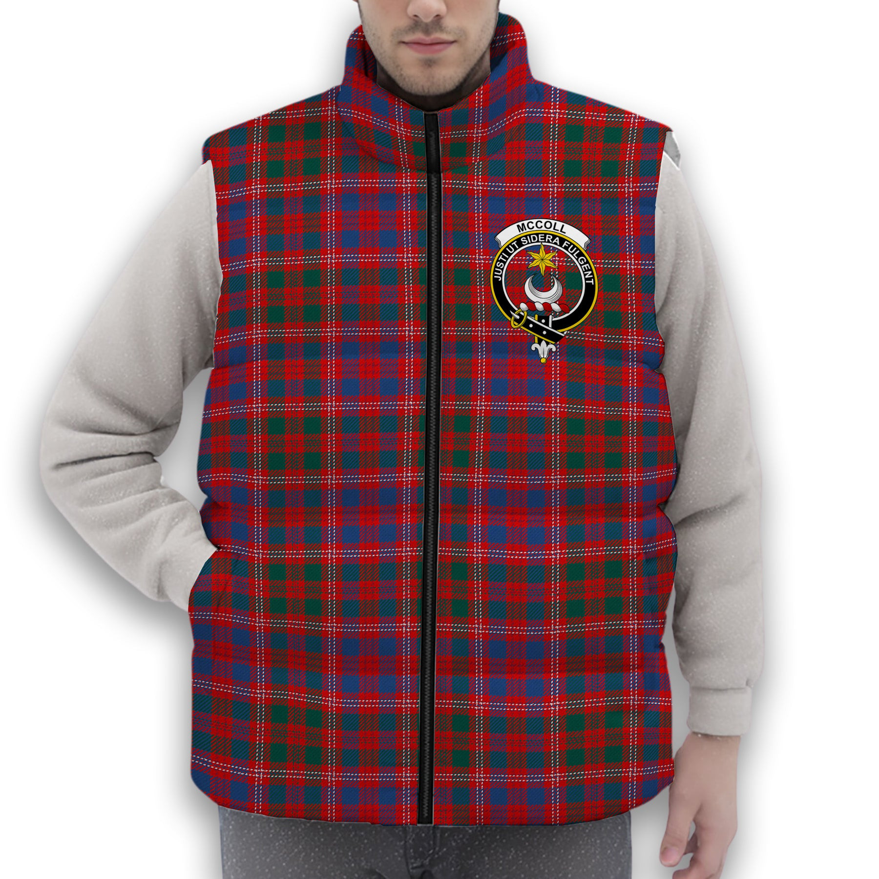 ScotsTee Shop Scottish McColl Hunting Modern Crest Tartan Puffer Vest Winter White Duck Down Vest Sleeveless