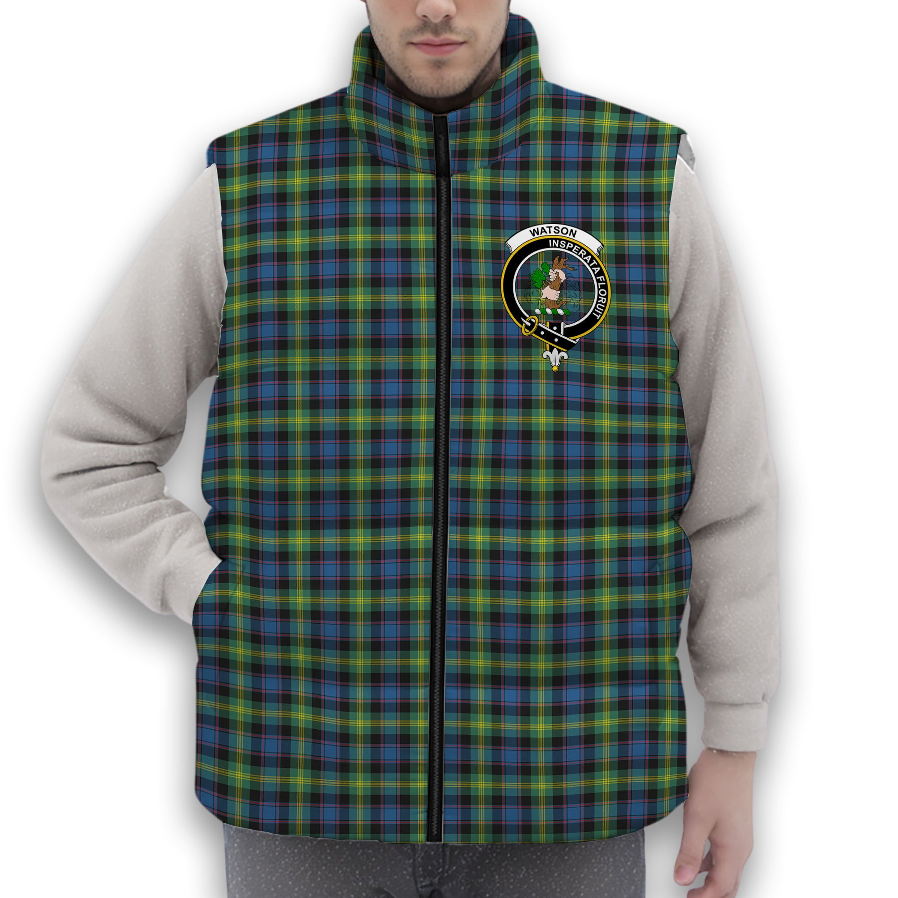 ScotsTee Shop Scottish Watson Ancient Crest Tartan Puffer Vest Winter White Duck Down Vest Sleeveless