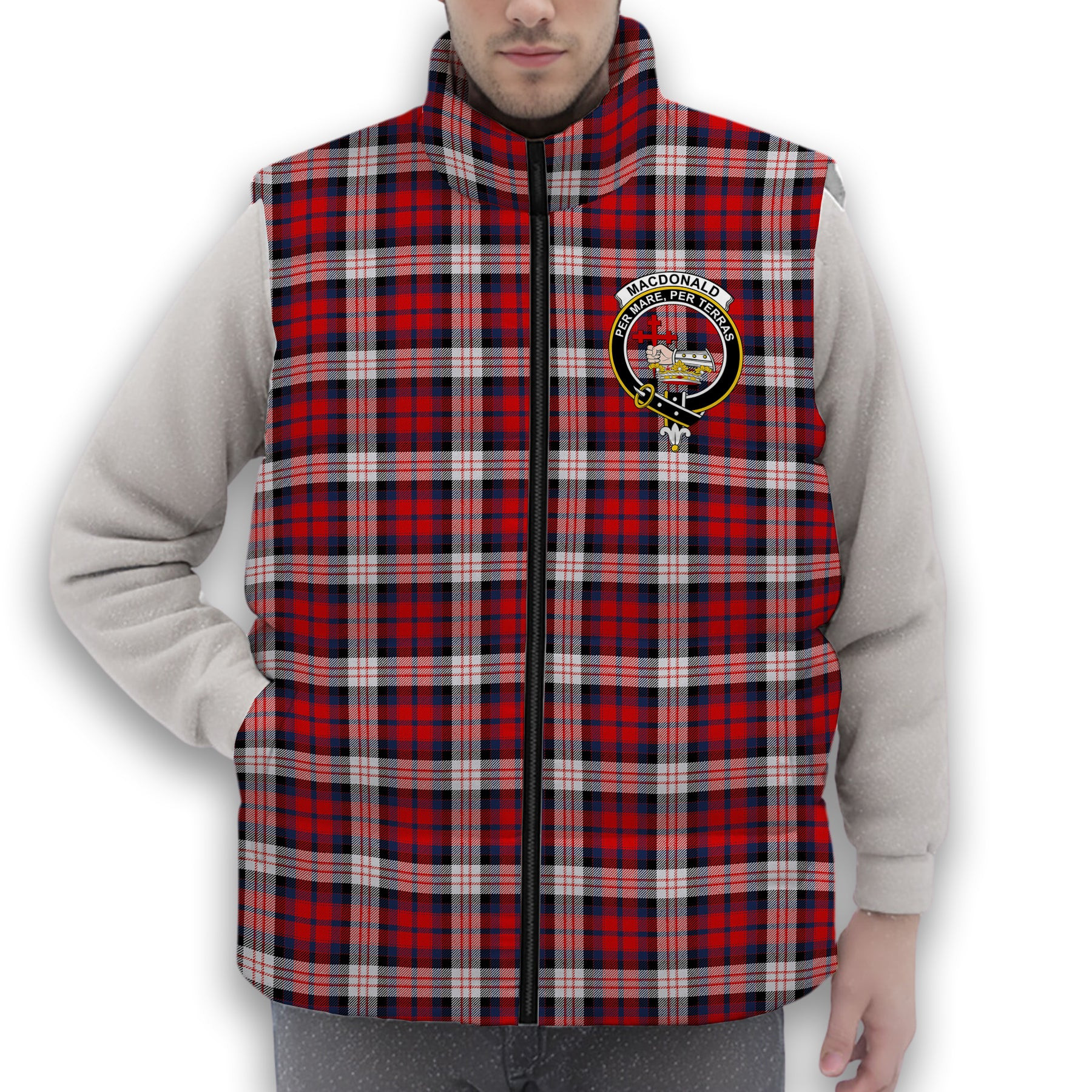 ScotsTee Shop Scottish MacDonald Dress Irish Modern Crest Tartan Puffer Vest Winter White Duck Down Vest Sleeveless