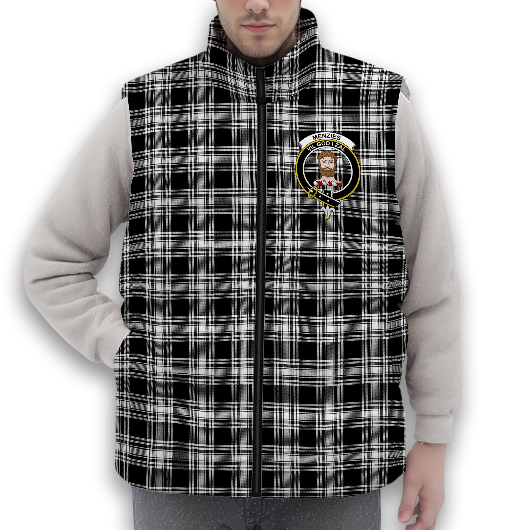 ScotsTee Shop Scottish Menzies Black & White Modern Crest Tartan Puffer Vest Winter White Duck Down Vest Sleeveless