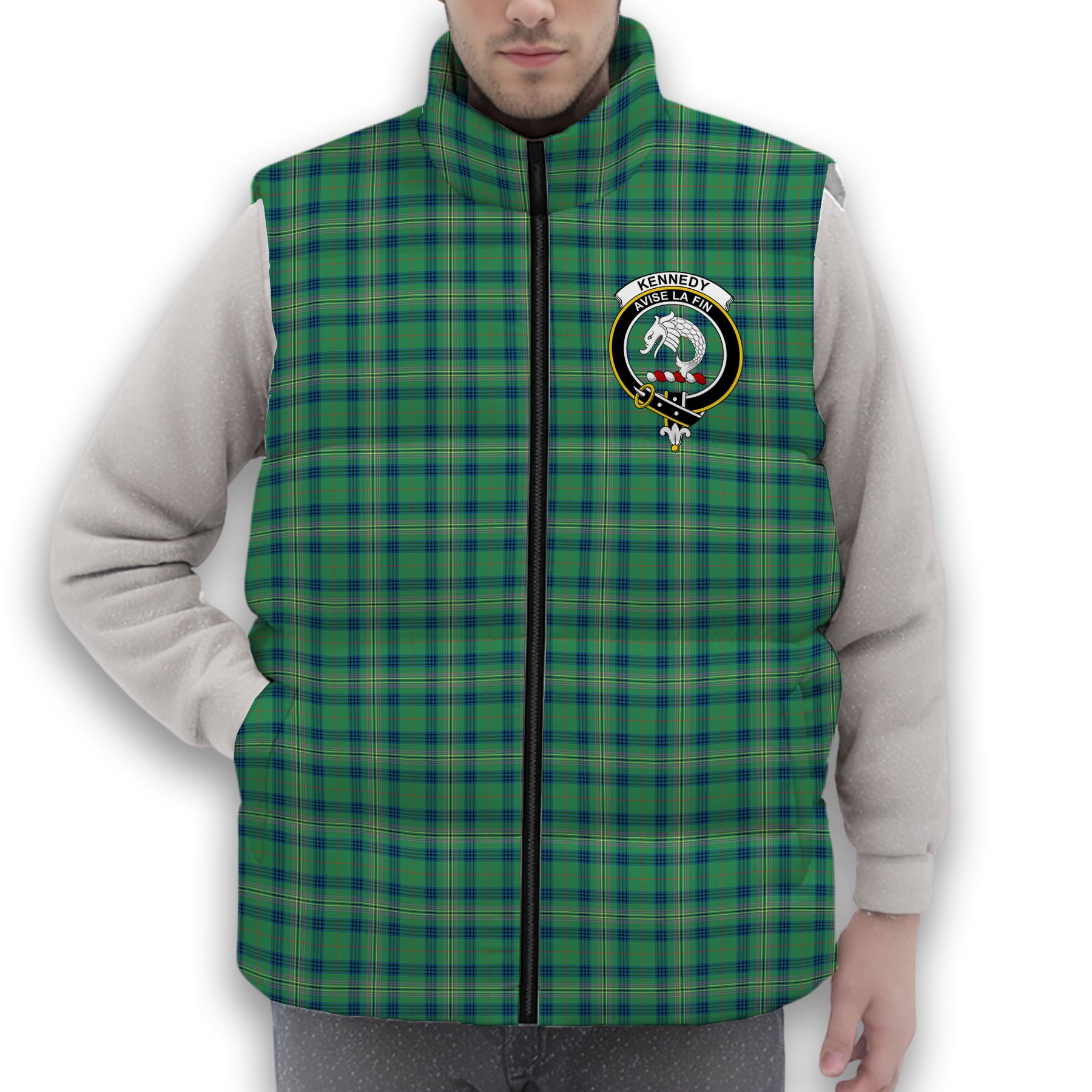 ScotsTee Shop Scottish Kennedy Ancient Crest Tartan Puffer Vest Winter White Duck Down Vest Sleeveless
