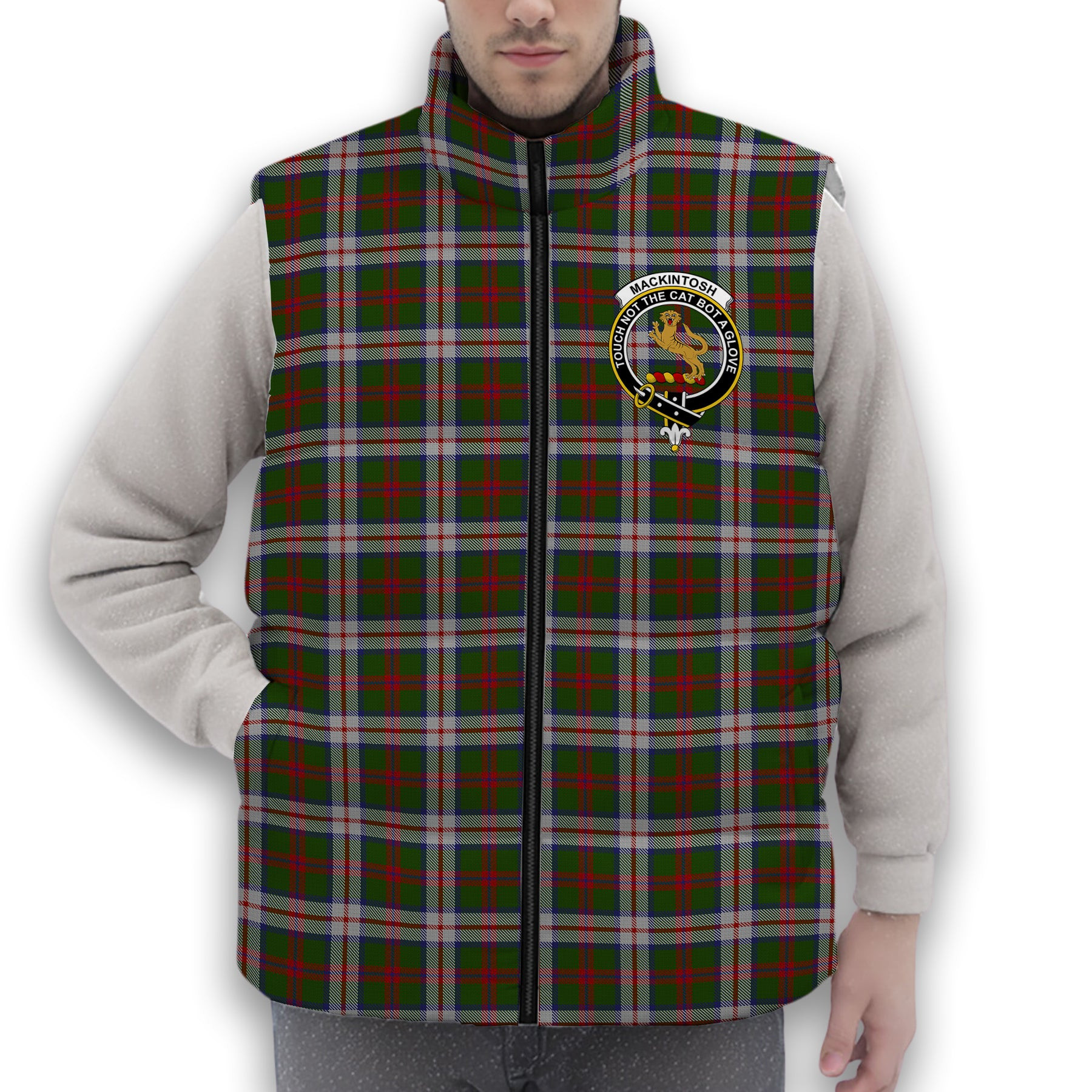 ScotsTee Shop Scottish MacKintosh Dress Scott Adie Crest Tartan Puffer Vest Winter White Duck Down Vest Sleeveless