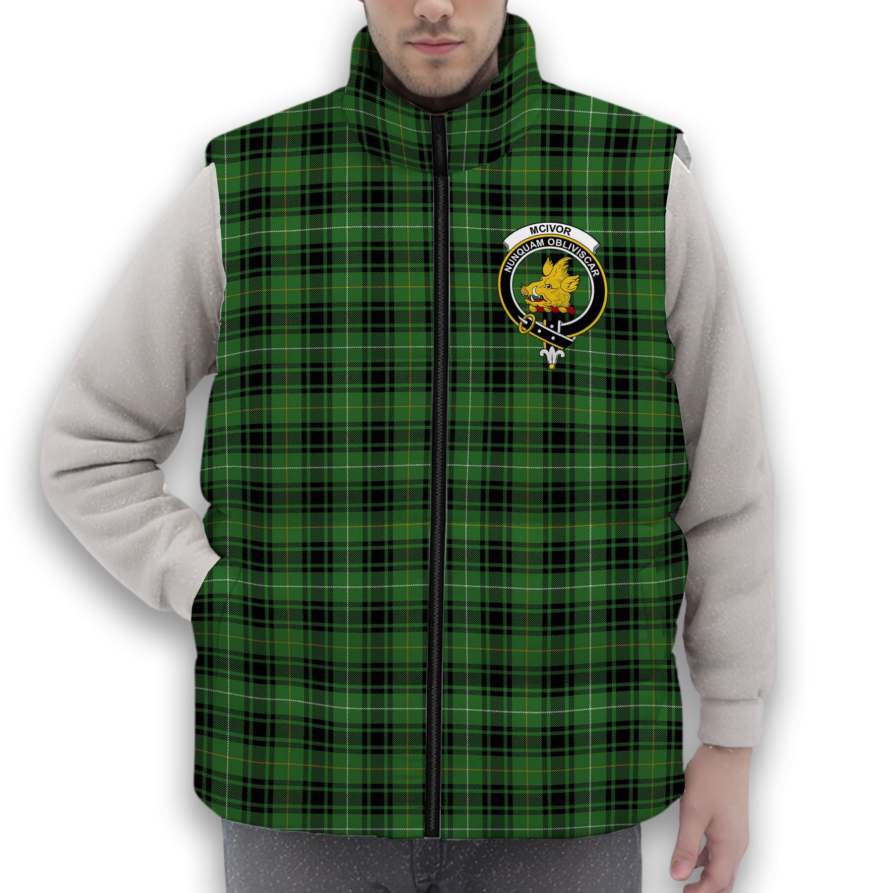 ScotsTee Shop Scottish McIvor Hunting Ancient Crest Tartan Puffer Vest Winter White Duck Down Vest Sleeveless