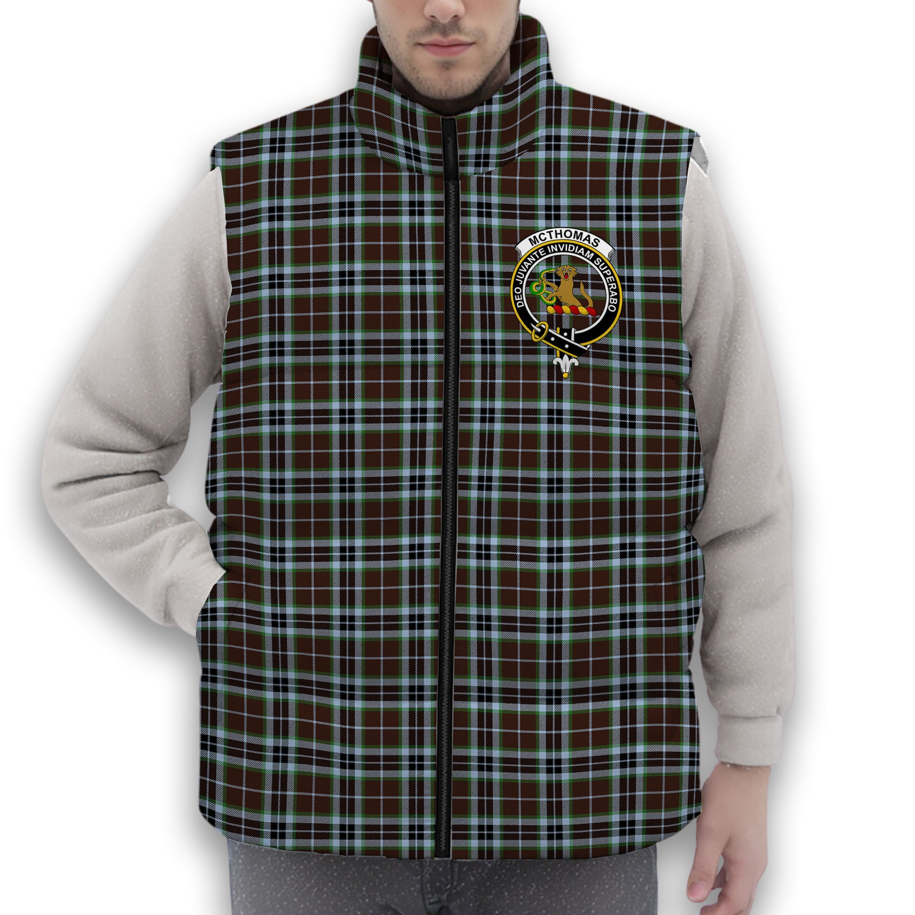 ScotsTee Shop Scottish McThomas Hunting Modern Crest Tartan Puffer Vest Winter White Duck Down Vest Sleeveless