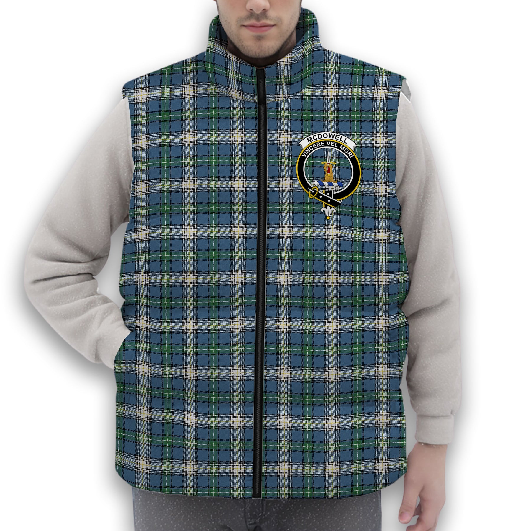 ScotsTee Shop Scottish McDowell Modern Crest Tartan Puffer Vest Winter White Duck Down Vest Sleeveless