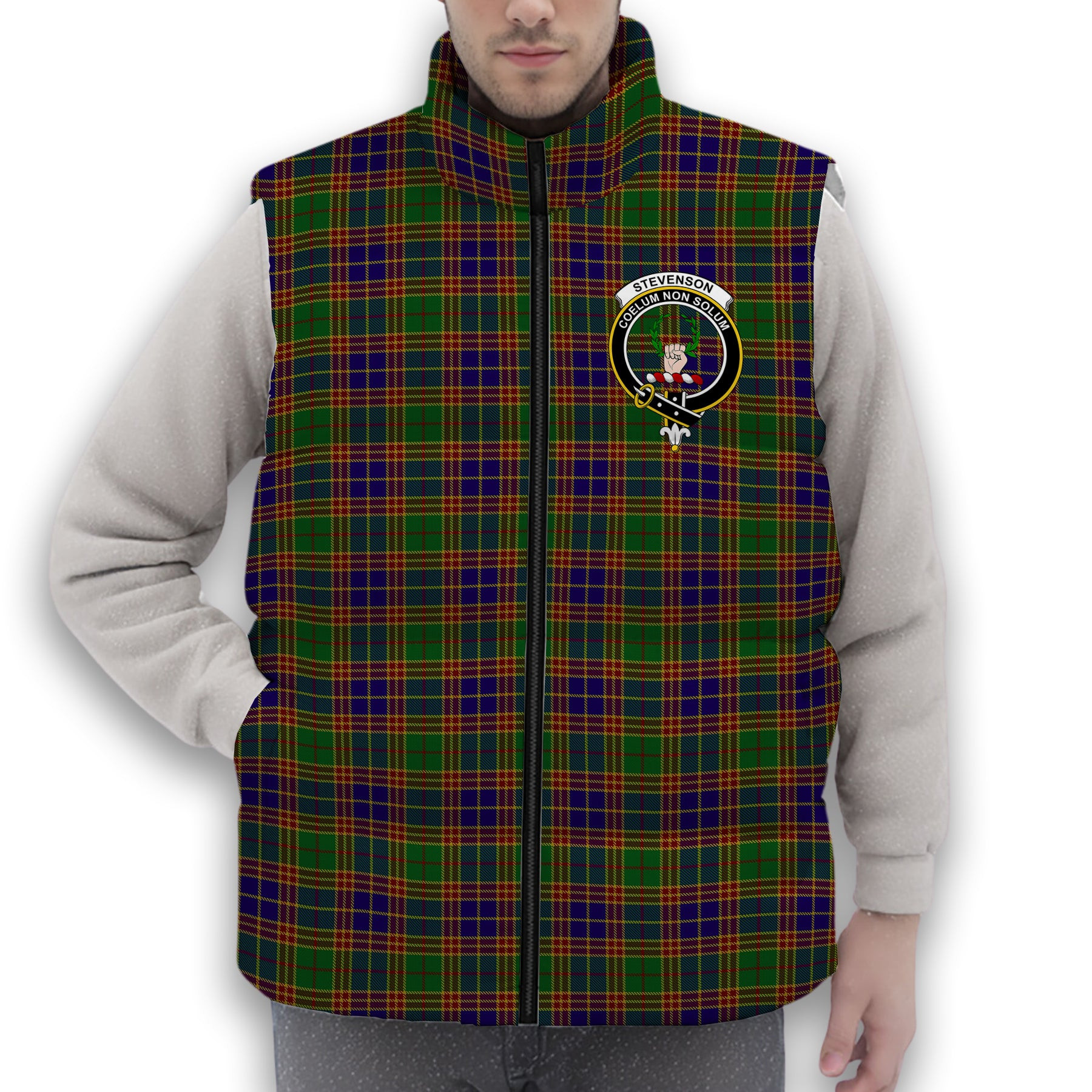 ScotsTee Shop Scottish Stevenson Old Crest Tartan Puffer Vest Winter White Duck Down Vest Sleeveless