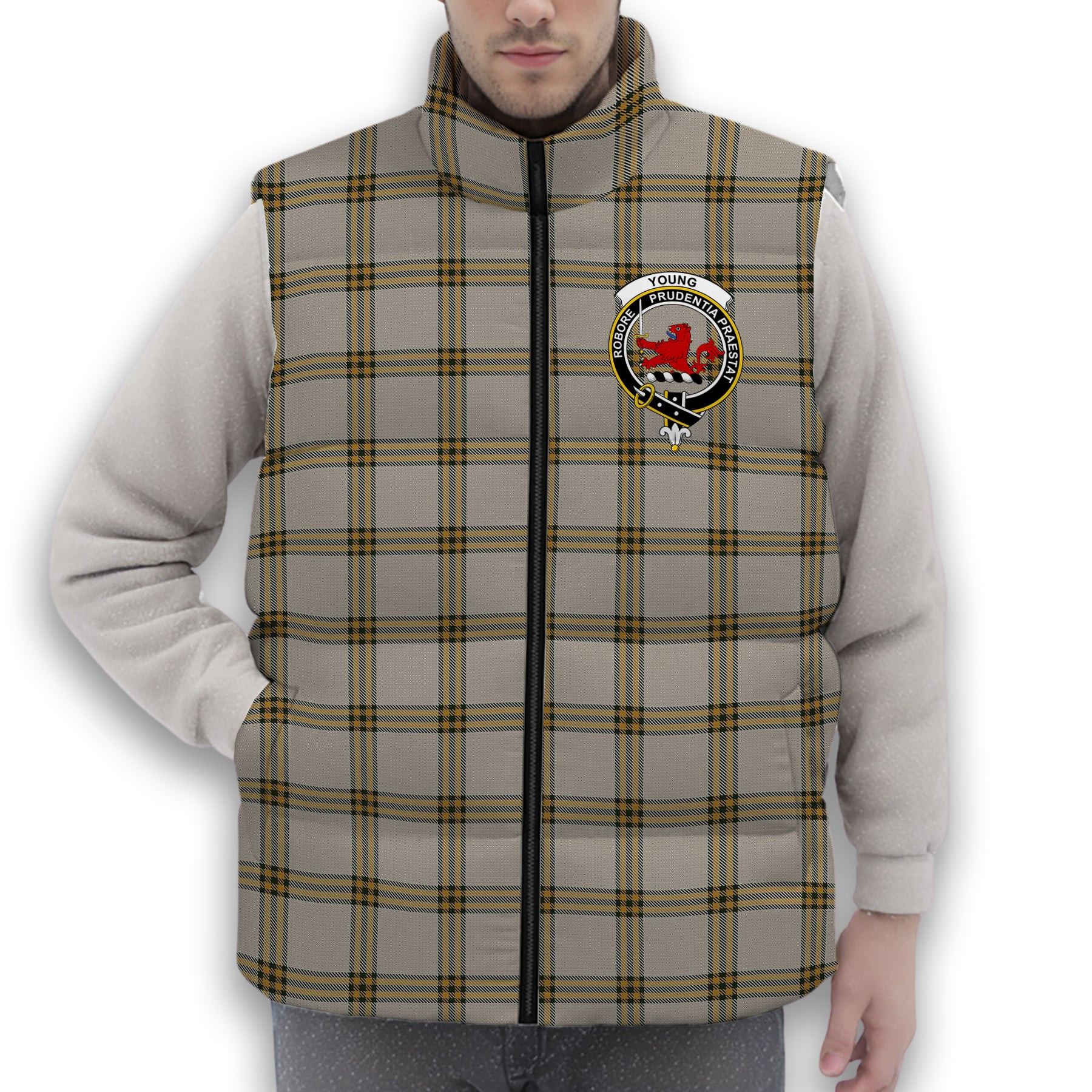 ScotsTee Shop Scottish Young in Australia Crest Tartan Puffer Vest Winter White Duck Down Vest Sleeveless