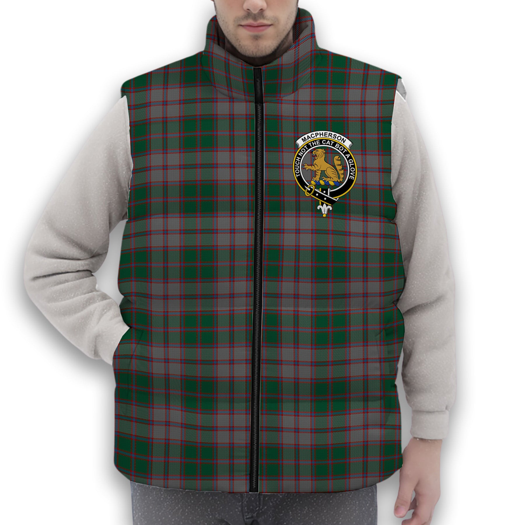 ScotsTee Shop Scottish MacPherson Gathering 1996 Crest Tartan Puffer Vest Winter White Duck Down Vest Sleeveless