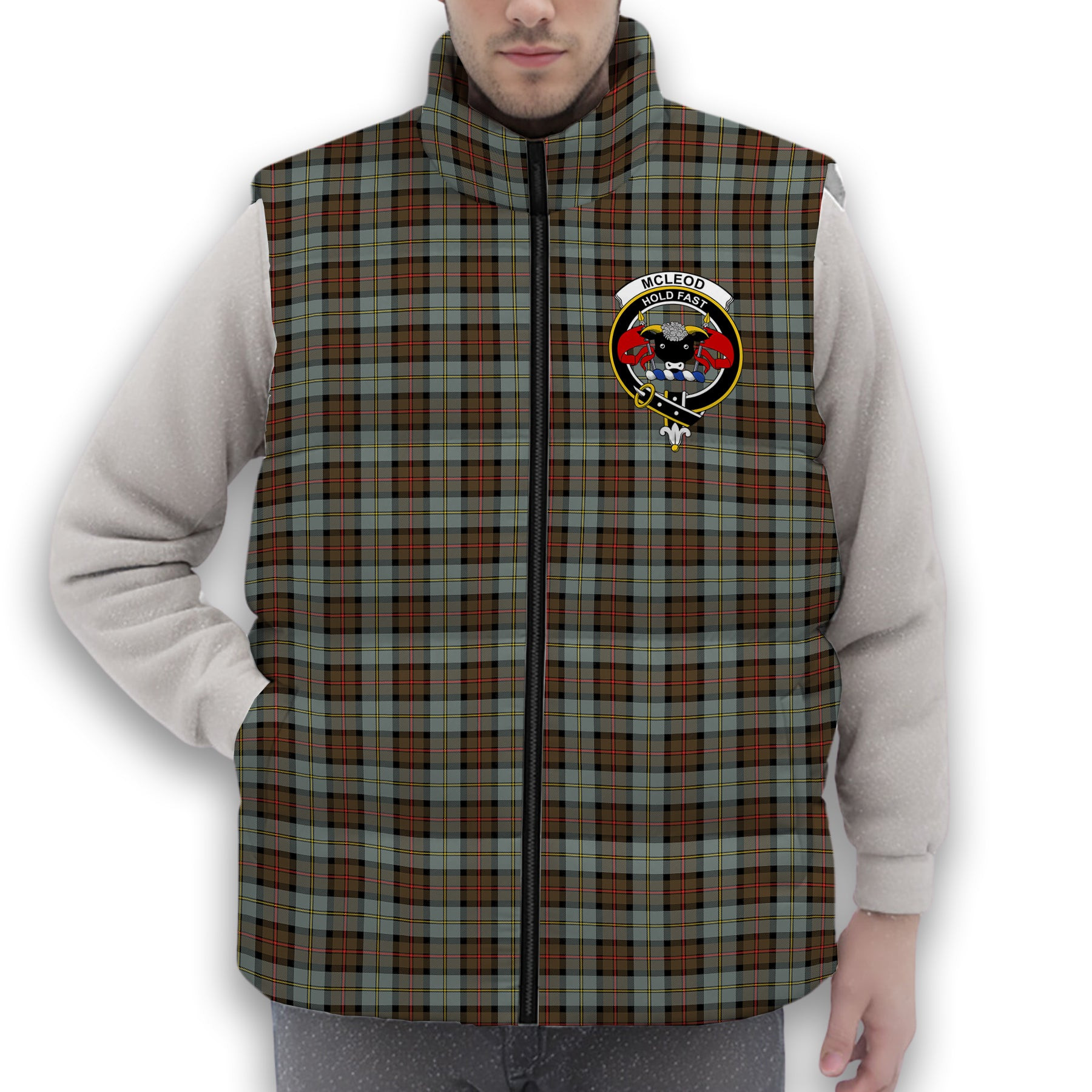 ScotsTee Shop Scottish McLeod of Harris Weathered Crest Tartan Puffer Vest Winter White Duck Down Vest Sleeveless