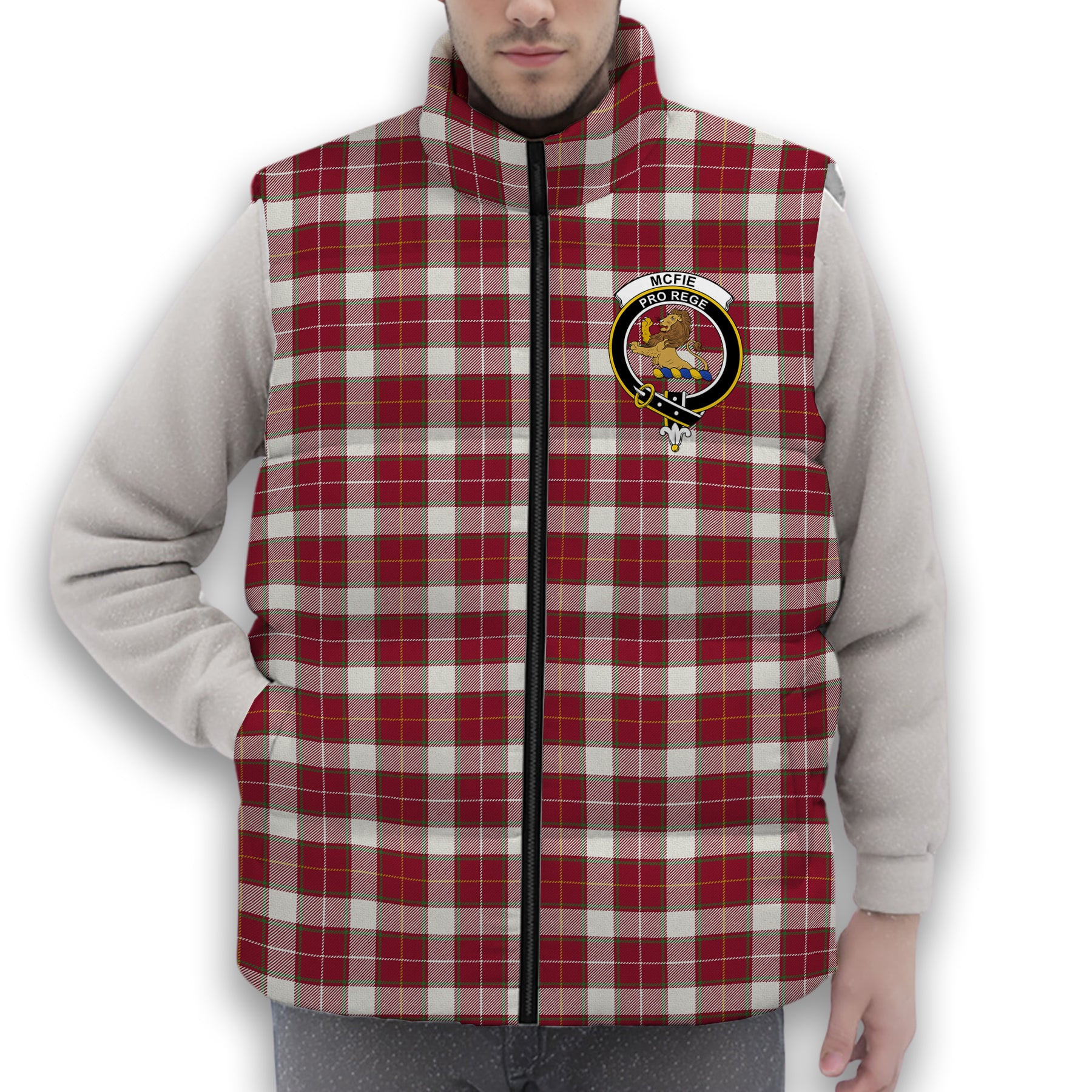 ScotsTee Shop Scottish McFie Dress Modern Crest Tartan Puffer Vest Winter White Duck Down Vest Sleeveless