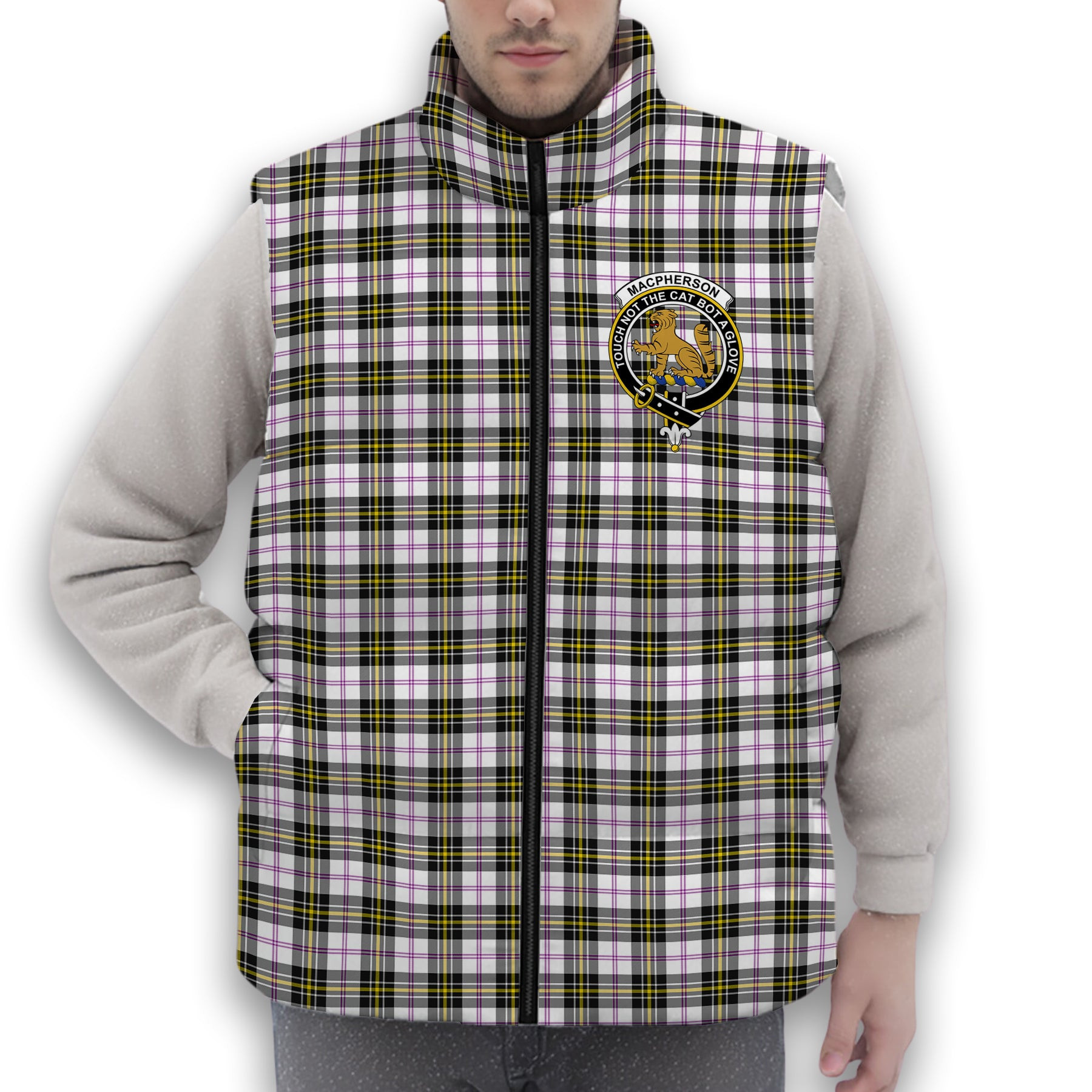 ScotsTee Shop Scottish MacPherson Dress Modern Crest Tartan Puffer Vest Winter White Duck Down Vest Sleeveless