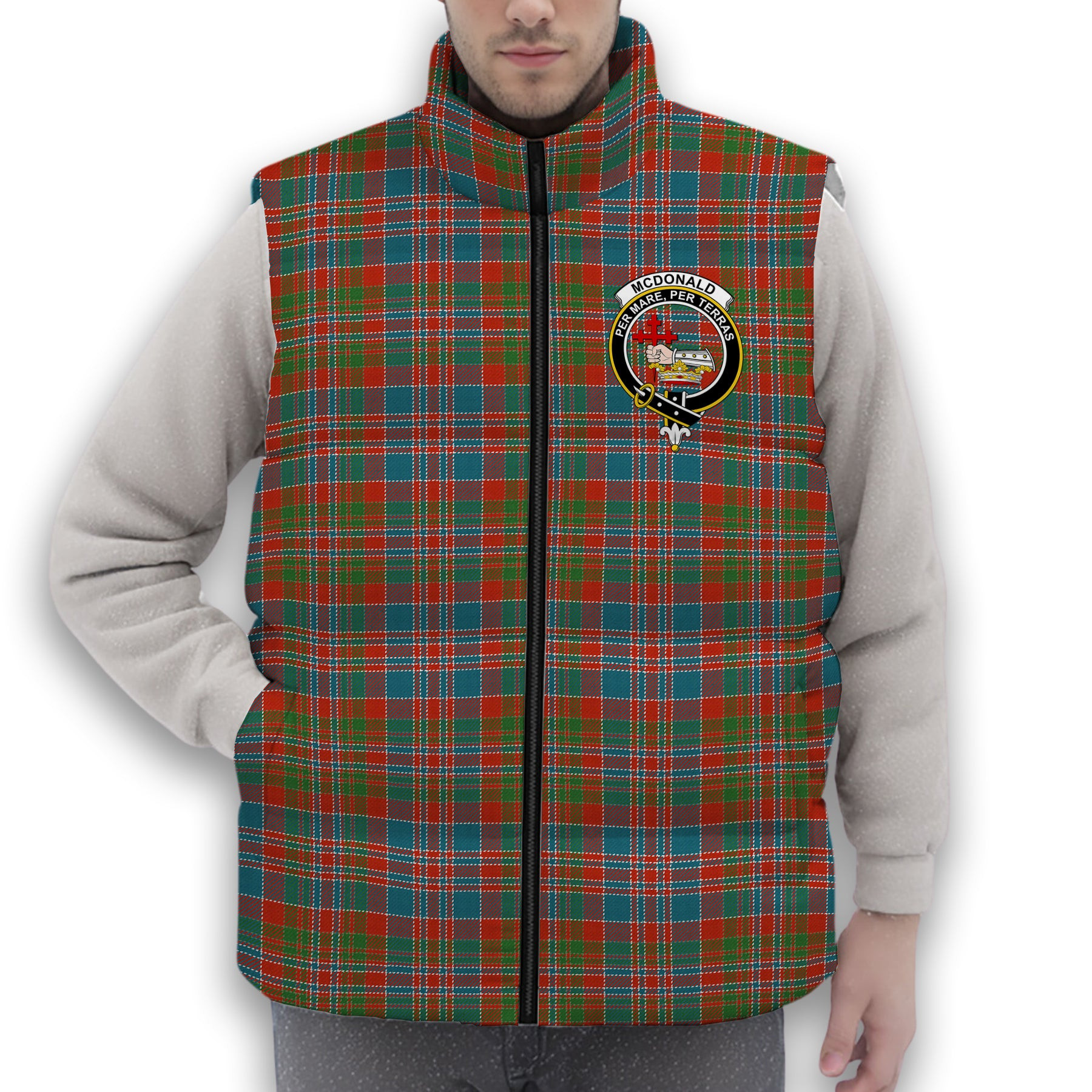 ScotsTee Shop Scottish McDonald of Boisdale Ancient Crest Tartan Puffer Vest Winter White Duck Down Vest Sleeveless