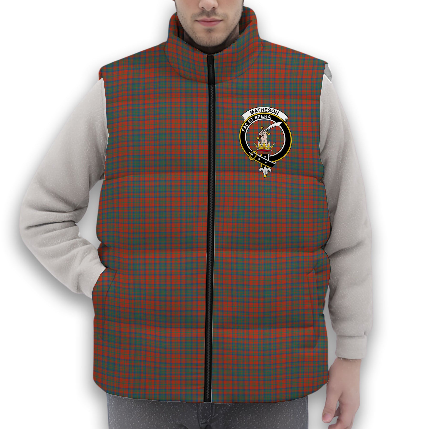ScotsTee Shop Scottish Matheson Ancient Crest Tartan Puffer Vest Winter White Duck Down Vest Sleeveless