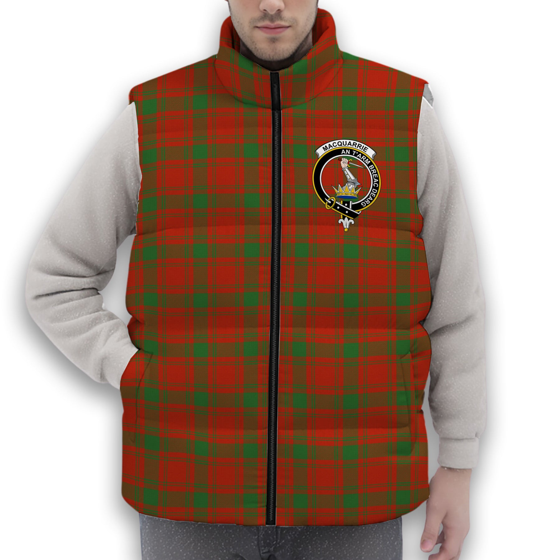 ScotsTee Shop Scottish MacQuarrie Ancient Crest Tartan Puffer Vest Winter White Duck Down Vest Sleeveless