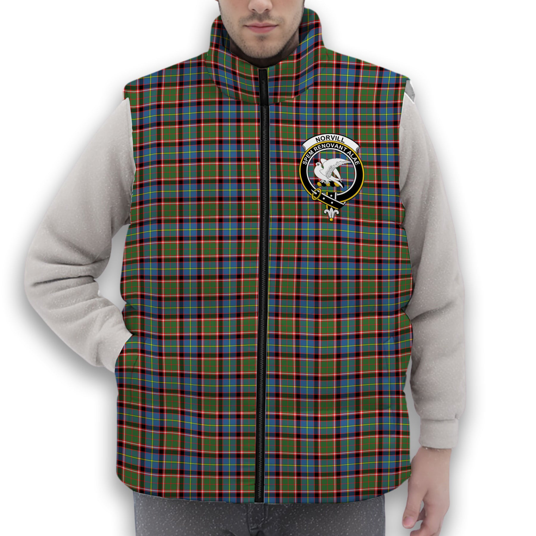ScotsTee Shop Scottish Norvill Crest Tartan Puffer Vest Winter White Duck Down Vest Sleeveless