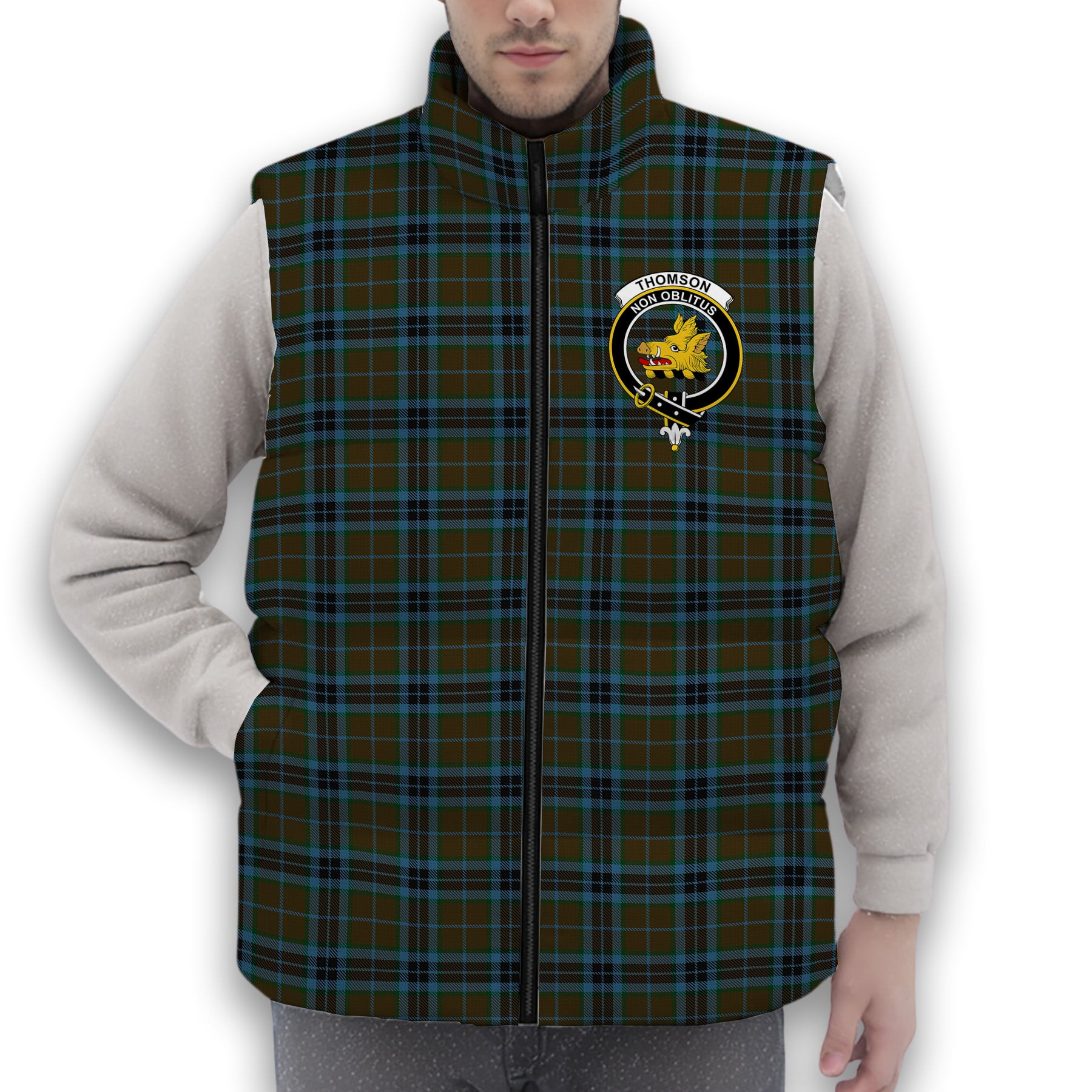 ScotsTee Shop Scottish Thomson Hunting Crest Tartan Puffer Vest Winter White Duck Down Vest Sleeveless