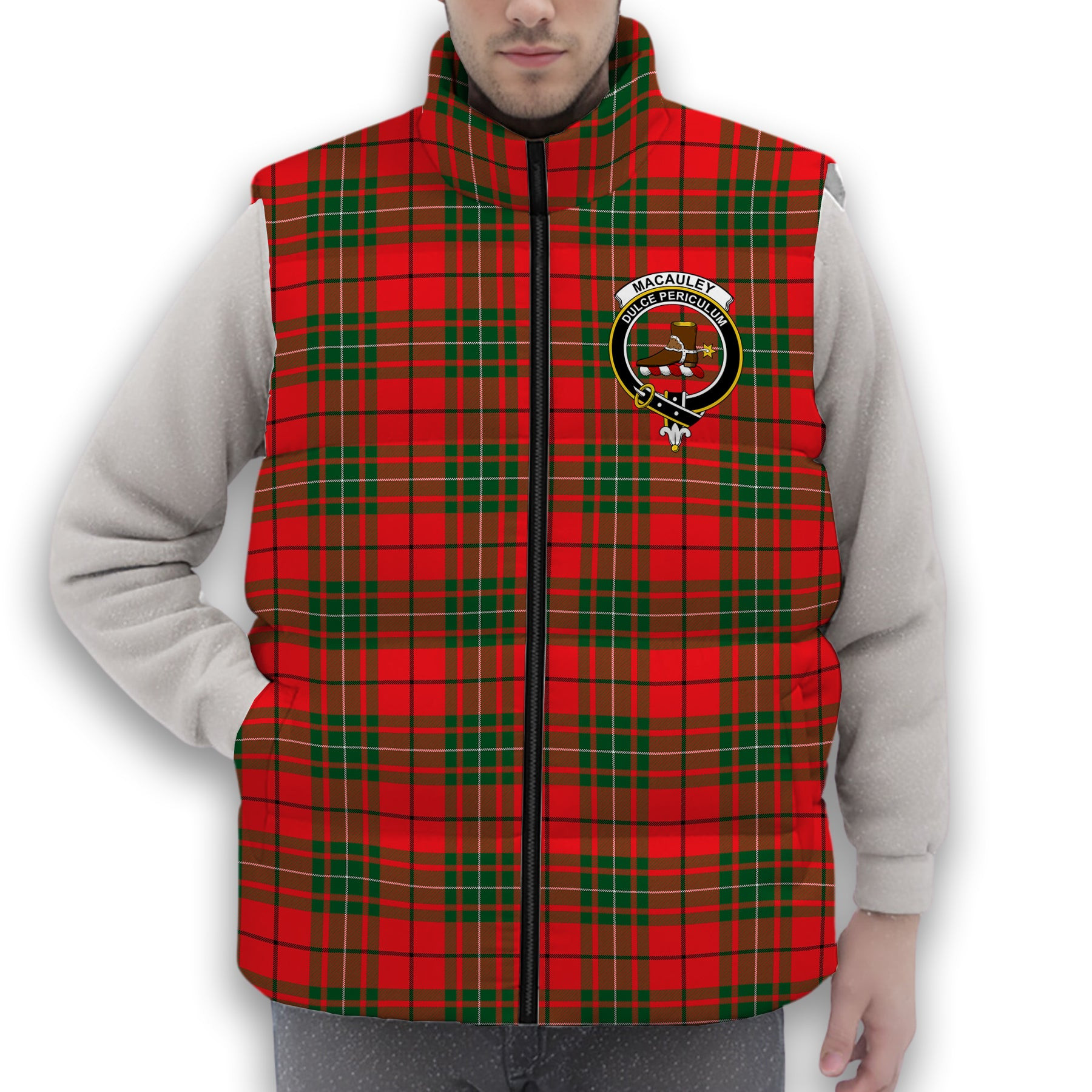 ScotsTee Shop Scottish MacAuley Modern Crest Tartan Puffer Vest Winter White Duck Down Vest Sleeveless