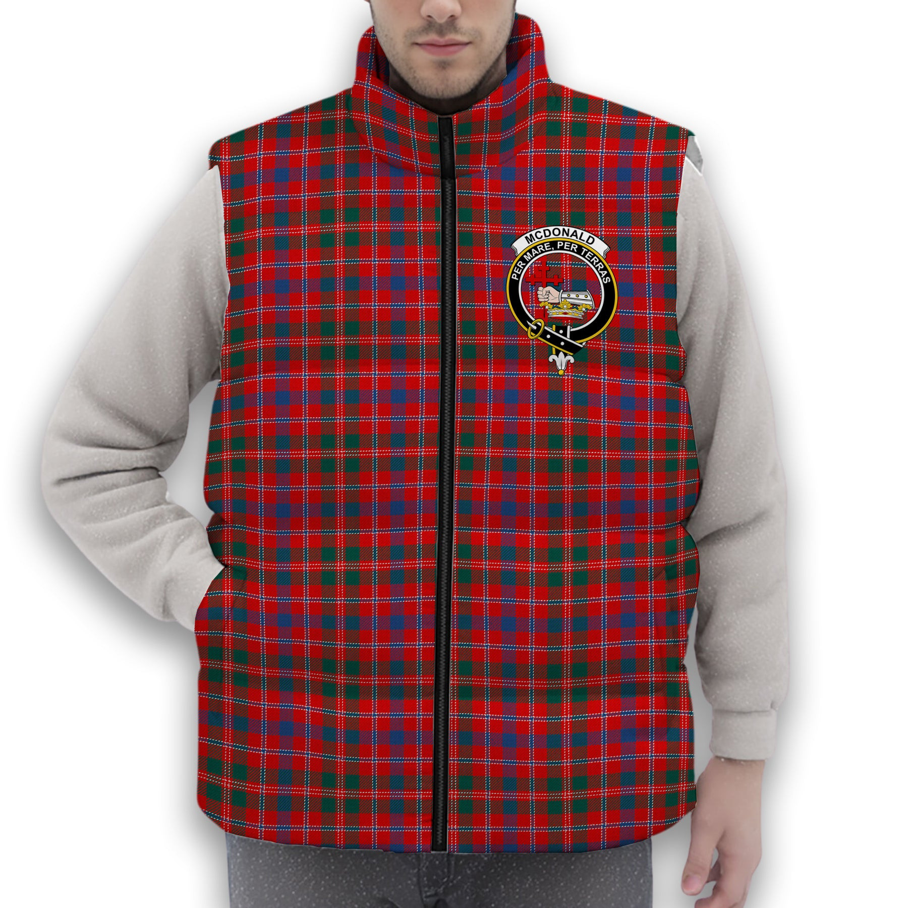 ScotsTee Shop Scottish McDonald of Glenaladale Modern Crest Tartan Puffer Vest Winter White Duck Down Vest Sleeveless