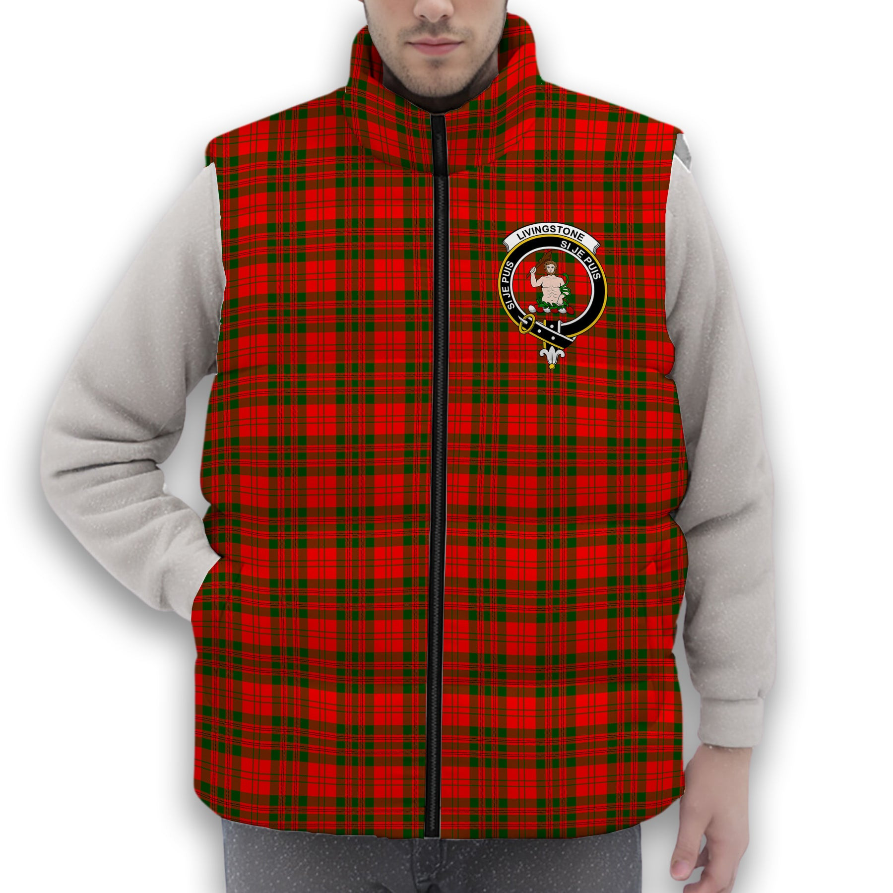 ScotsTee Shop Scottish Livingstone Modern Crest Tartan Puffer Vest Winter White Duck Down Vest Sleeveless